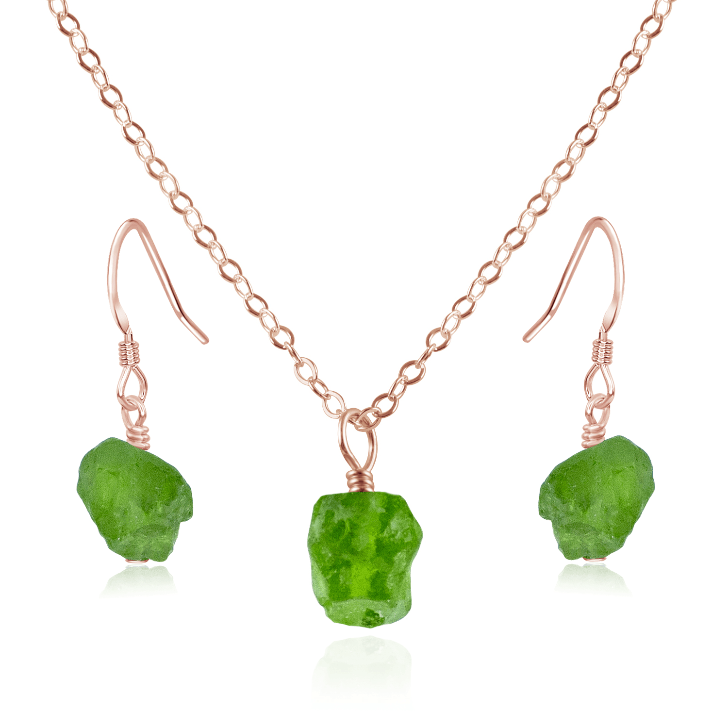 Raw Peridot Crystal Jewellery Set - Raw Peridot Crystal Jewellery Set - 14k Rose Gold Fill / Cable / Necklace & Earrings - Luna Tide Handmade Crystal Jewellery