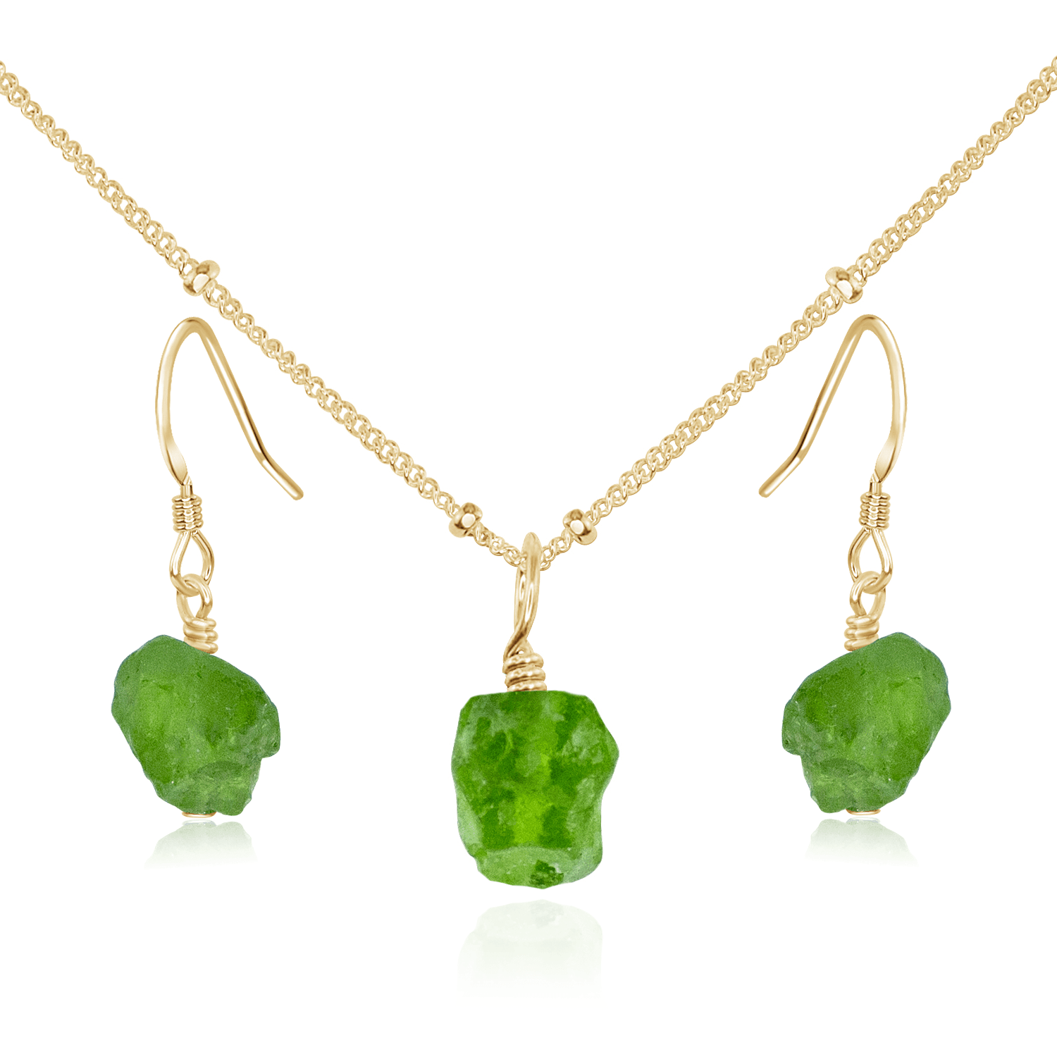 Raw Peridot Crystal Jewellery Set - Raw Peridot Crystal Jewellery Set - 14k Gold Fill / Satellite / Necklace & Earrings - Luna Tide Handmade Crystal Jewellery