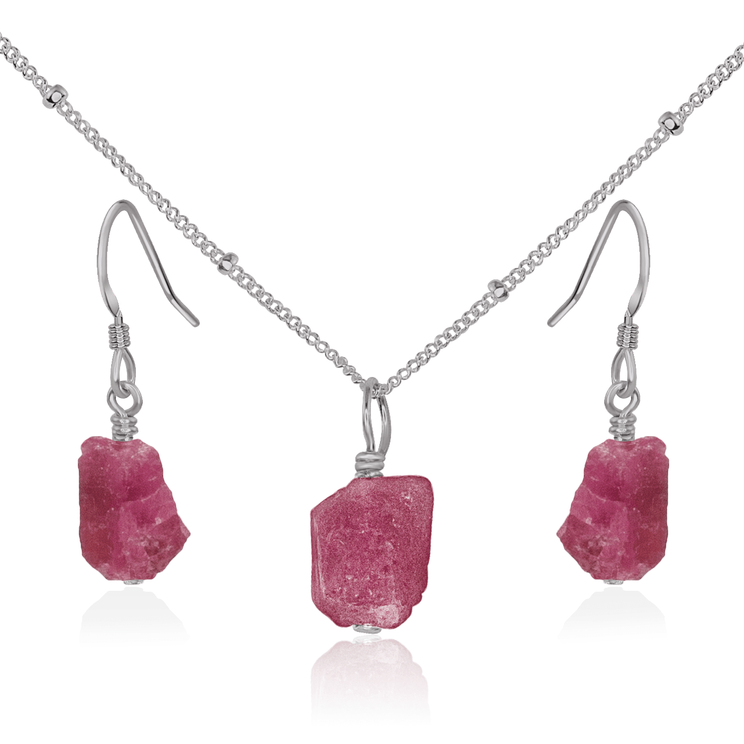 Raw Pink Tourmaline Crystal Jewellery Set - Raw Pink Tourmaline Crystal Jewellery Set - Stainless Steel / Satellite / Necklace & Earrings - Luna Tide Handmade Crystal Jewellery
