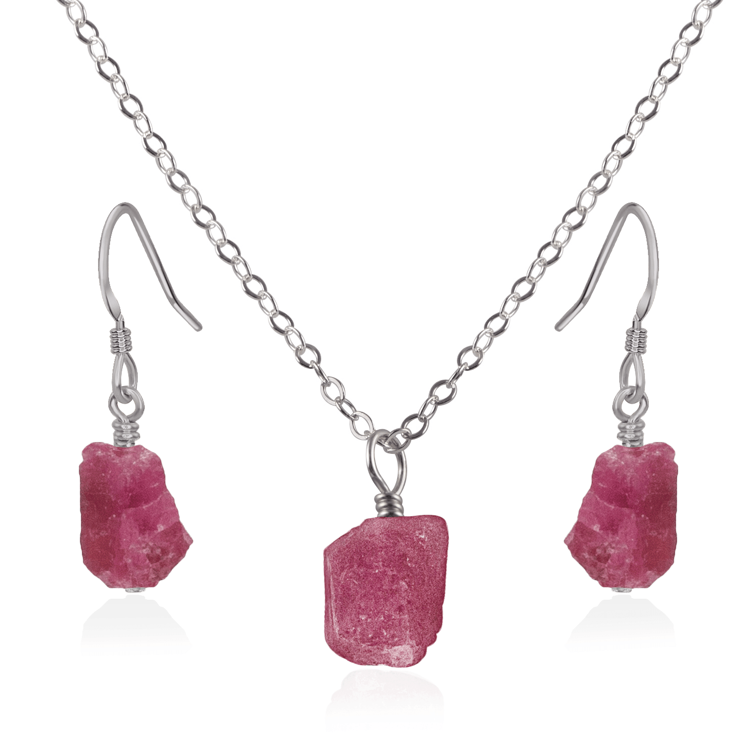 Raw Pink Tourmaline Crystal Jewellery Set - Raw Pink Tourmaline Crystal Jewellery Set - Stainless Steel / Cable / Necklace & Earrings - Luna Tide Handmade Crystal Jewellery
