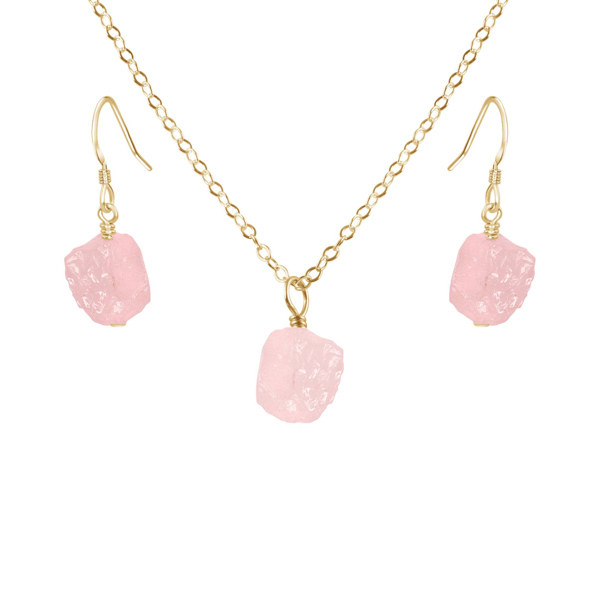 Raw Rose Quartz Crystal Earrings & Necklace Set - Raw Rose Quartz Crystal Earrings & Necklace Set - 14k Gold Fill / Cable - Luna Tide Handmade Crystal Jewellery