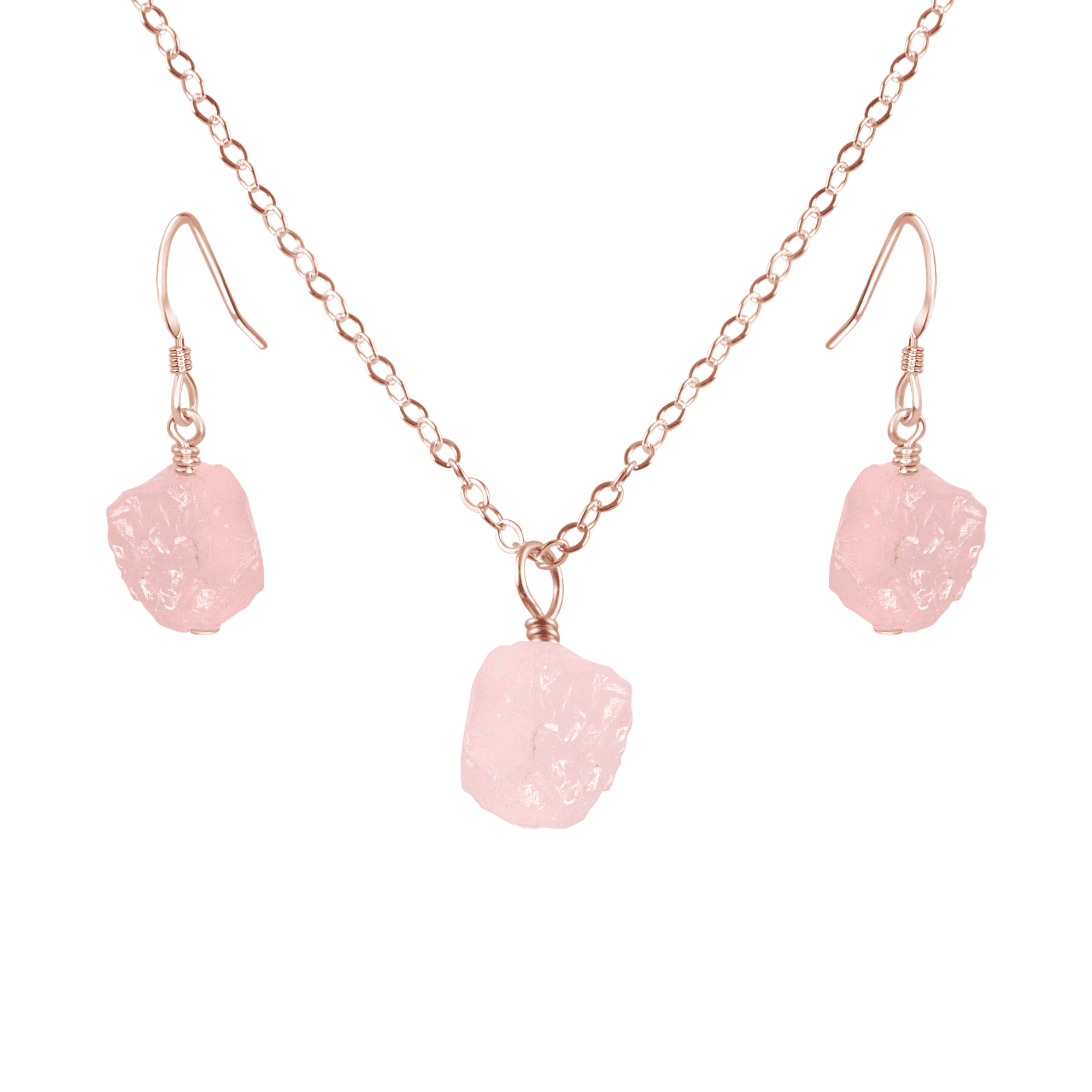 Raw Rose Quartz Crystal Earrings & Necklace Set - Raw Rose Quartz Crystal Earrings & Necklace Set - 14k Rose Gold Fill / Cable - Luna Tide Handmade Crystal Jewellery