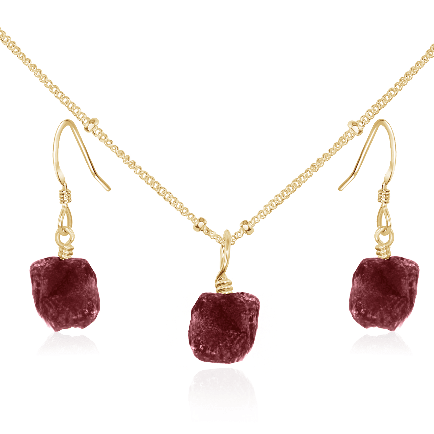 Raw Ruby Crystal Jewellery Set - Raw Ruby Crystal Jewellery Set - 14k Gold Fill / Satellite / Necklace & Earrings - Luna Tide Handmade Crystal Jewellery