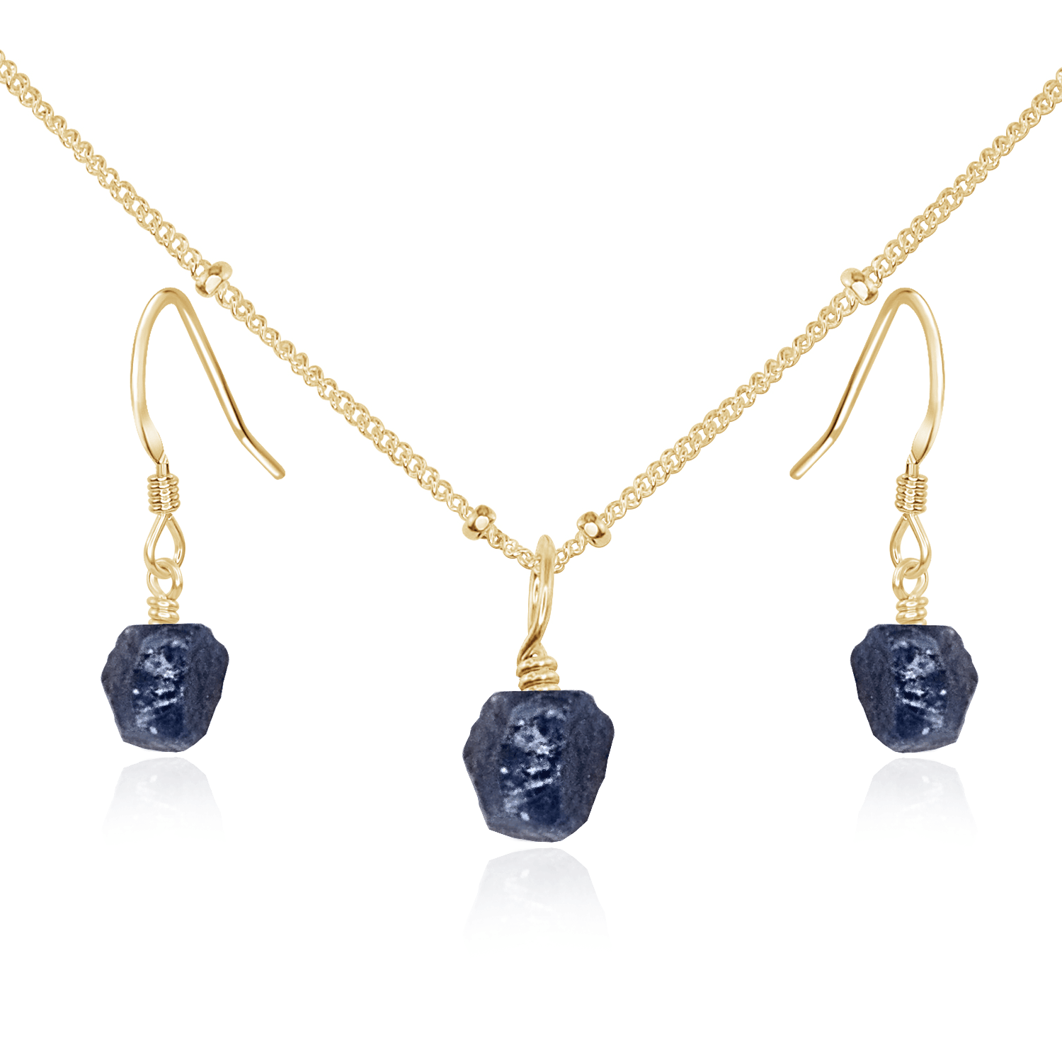 Raw Sapphire Crystal Jewellery Set - Raw Sapphire Crystal Jewellery Set - 14k Gold Fill / Satellite / Necklace & Earrings - Luna Tide Handmade Crystal Jewellery