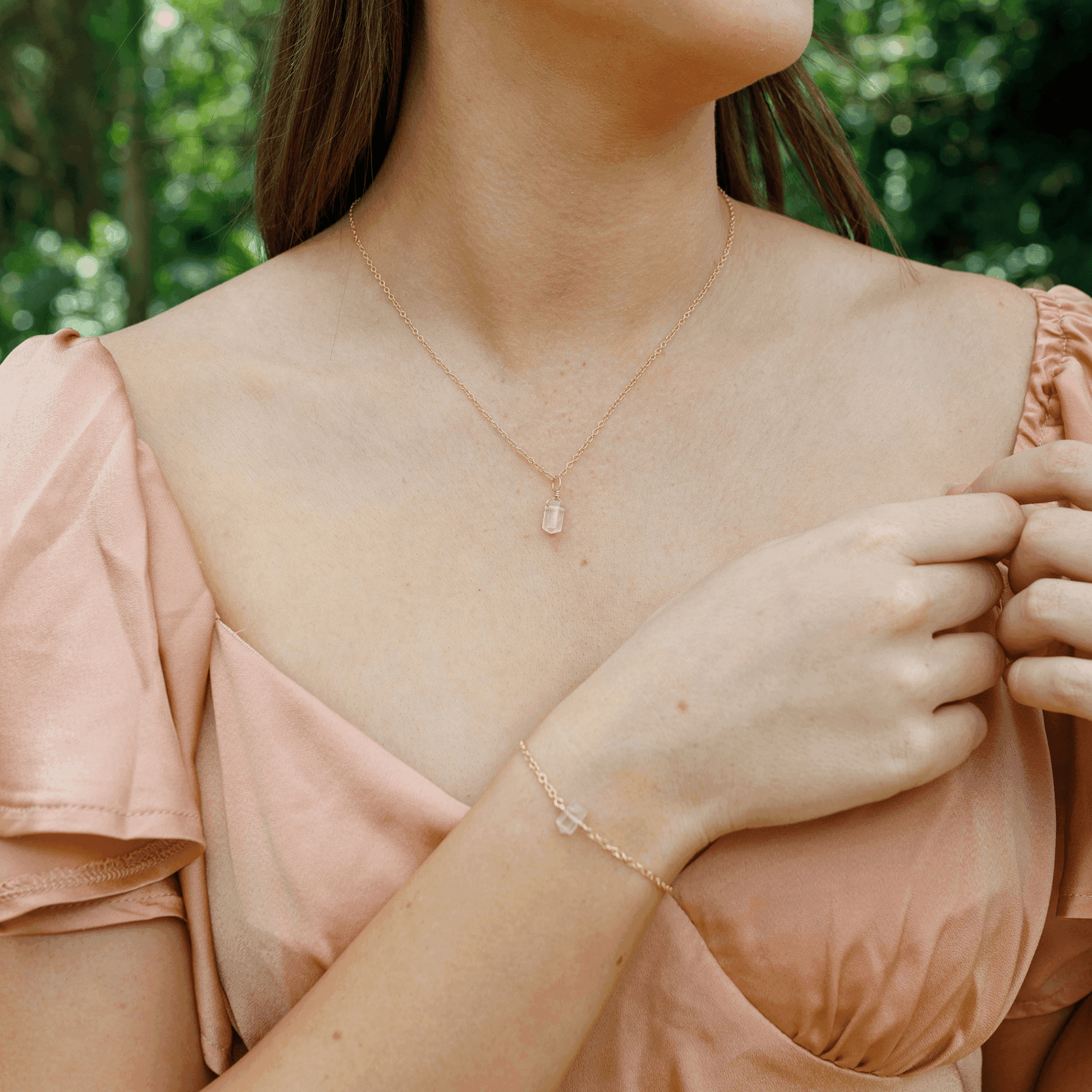 Rose Quartz Double Terminated Crystal Necklace & Bracelet Set - Rose Quartz Double Terminated Crystal Necklace & Bracelet Set - 14k Gold Fill - Luna Tide Handmade Crystal Jewellery