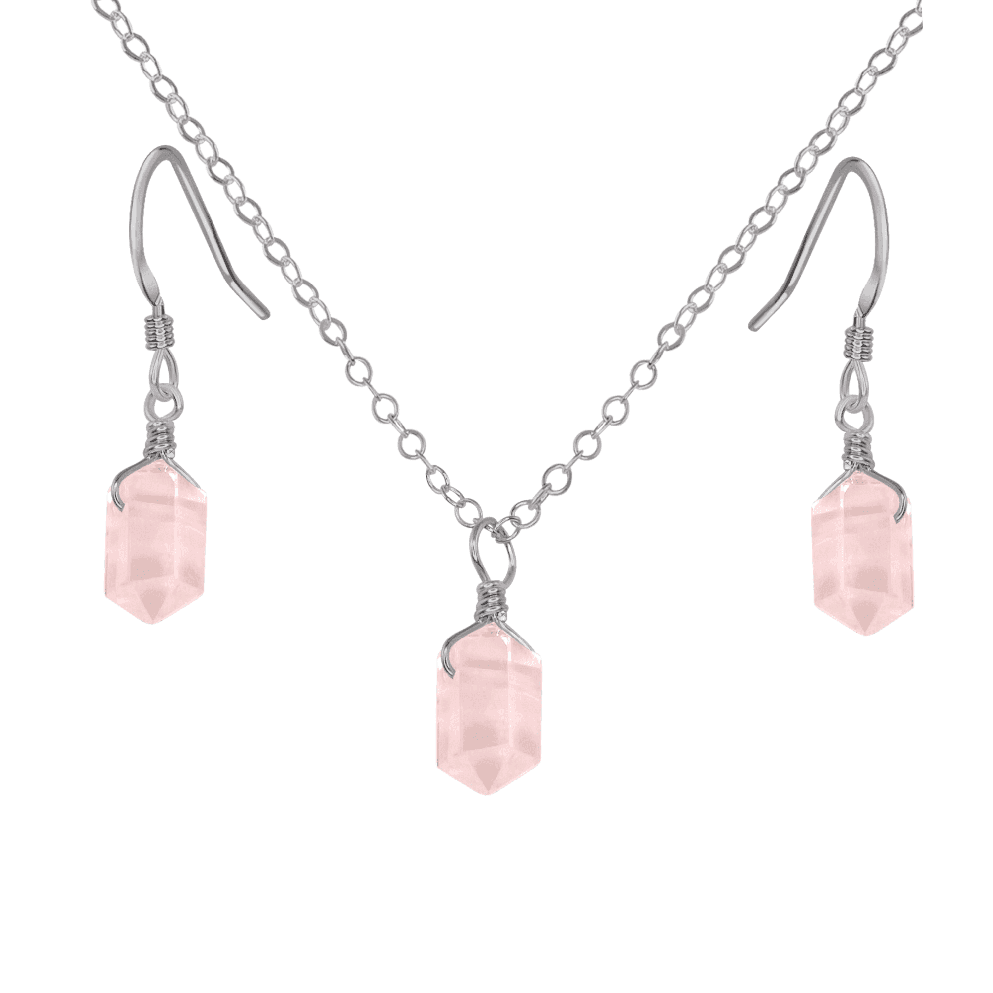 Rose Quartz Mini Double Terminated Crystal Point Earrings & Necklace Set - Rose Quartz Mini Double Terminated Crystal Point Earrings & Necklace Set - Stainless Steel - Luna Tide Handmade Crystal Jewellery
