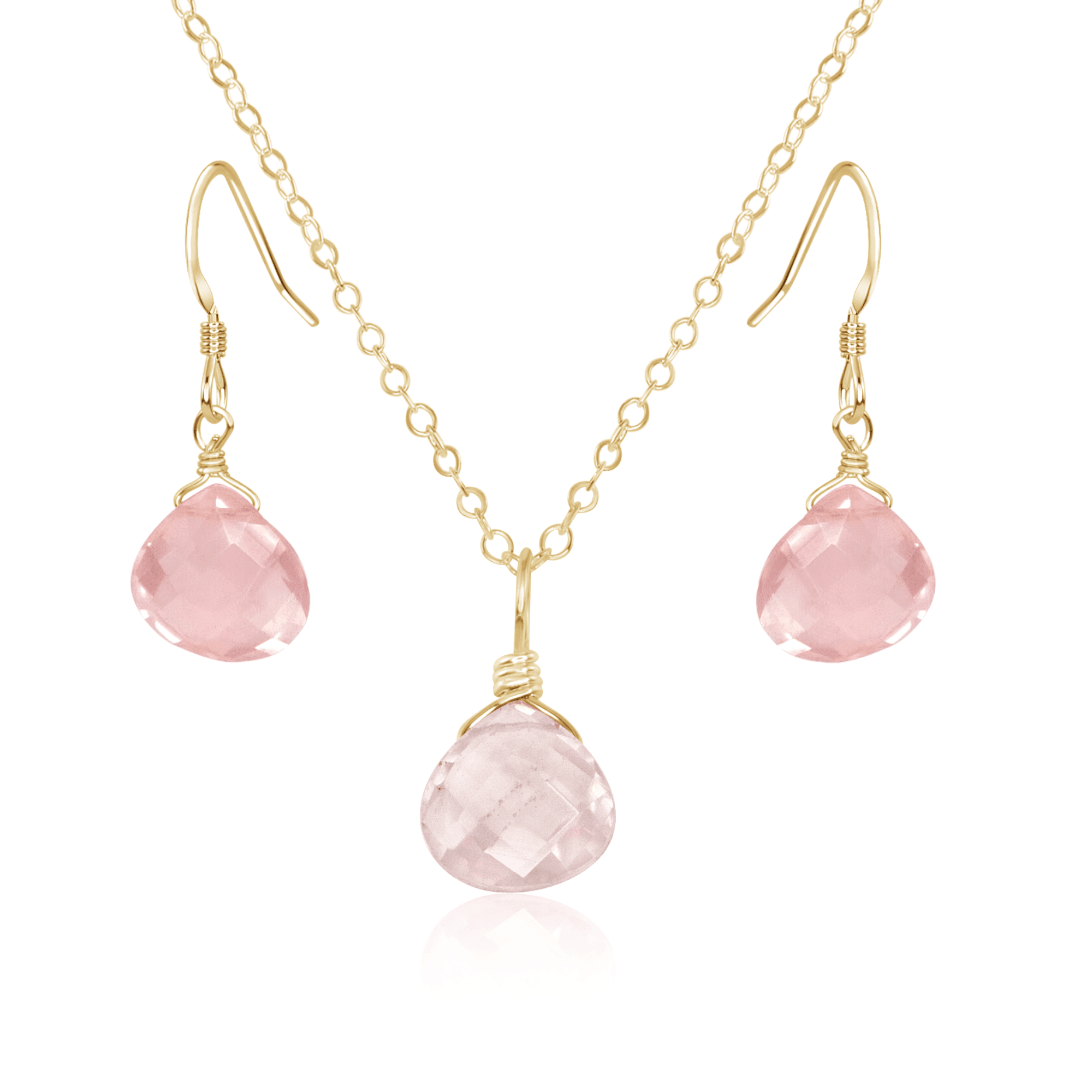Rose Quartz Tiny Teardrop Earrings & Necklace Set - Rose Quartz Tiny Teardrop Earrings & Necklace Set - 14k Gold Fill / Cable - Luna Tide Handmade Crystal Jewellery