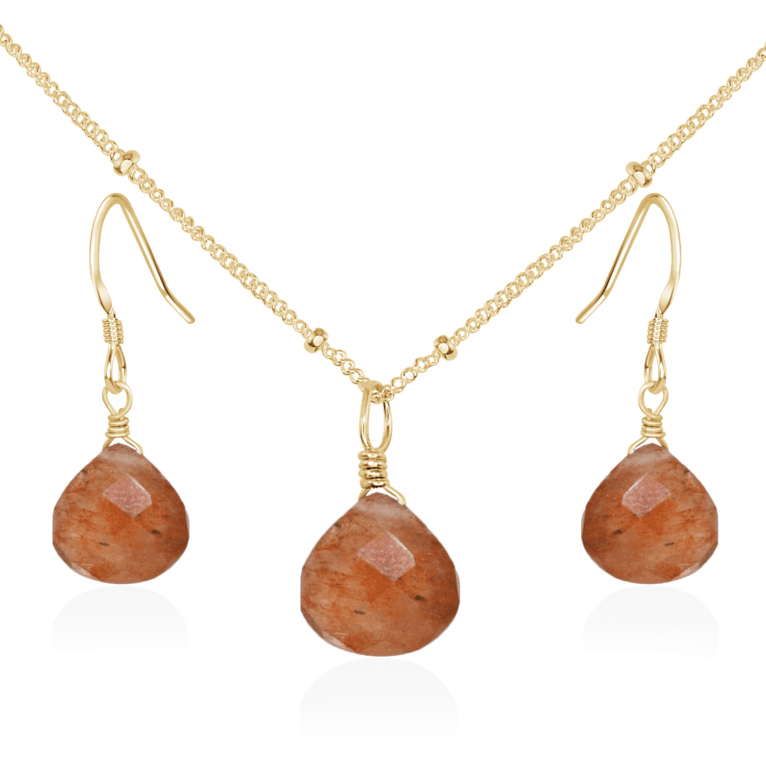 Sunstone Tiny Teardrop Earrings & Necklace Set - Sunstone Tiny Teardrop Earrings & Necklace Set - 14k Gold Fill / Satellite - Luna Tide Handmade Crystal Jewellery