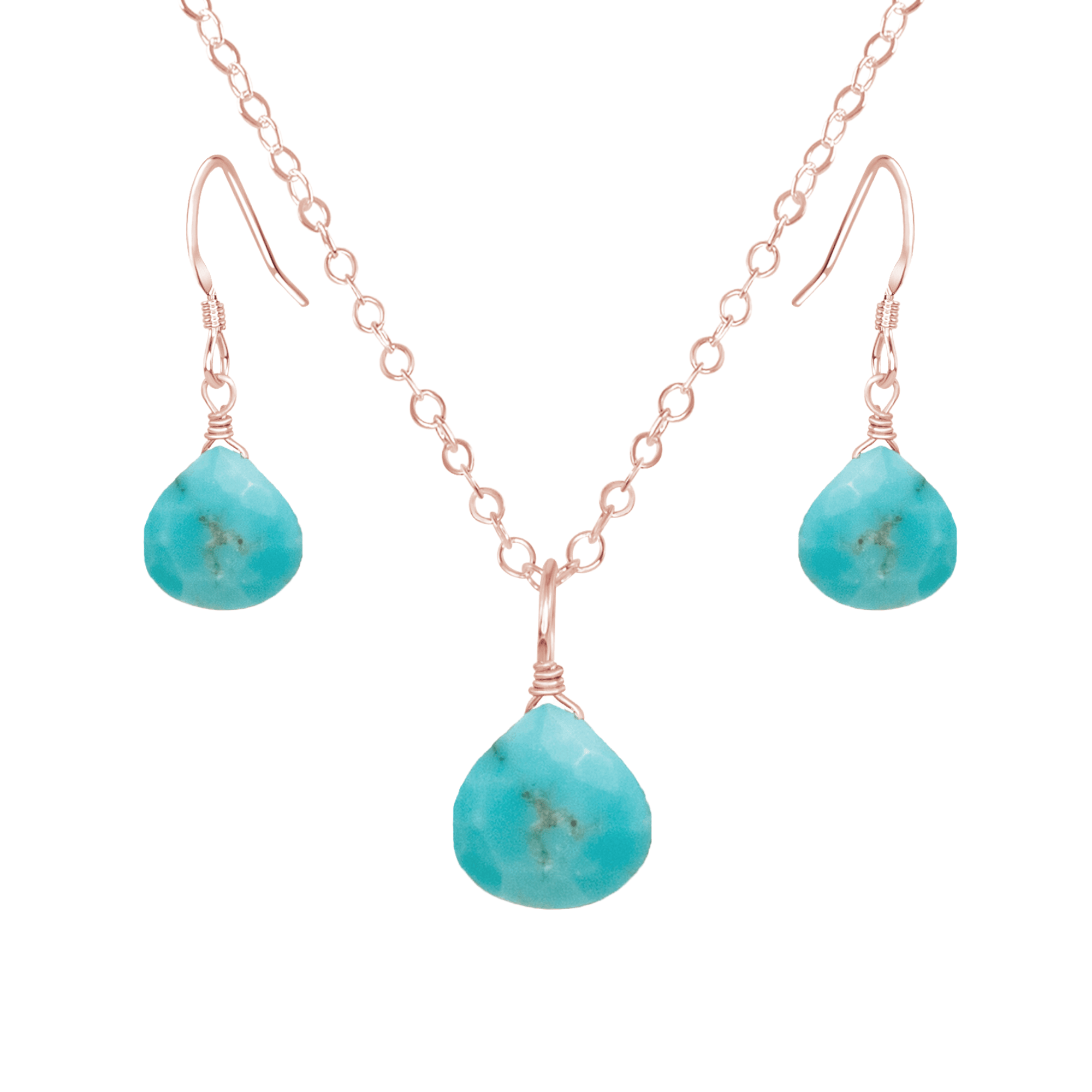 Turquoise Tiny Teardrop Earrings & Necklace Set - Turquoise Tiny Teardrop Earrings & Necklace Set - 14k Rose Gold Fill / Cable - Luna Tide Handmade Crystal Jewellery