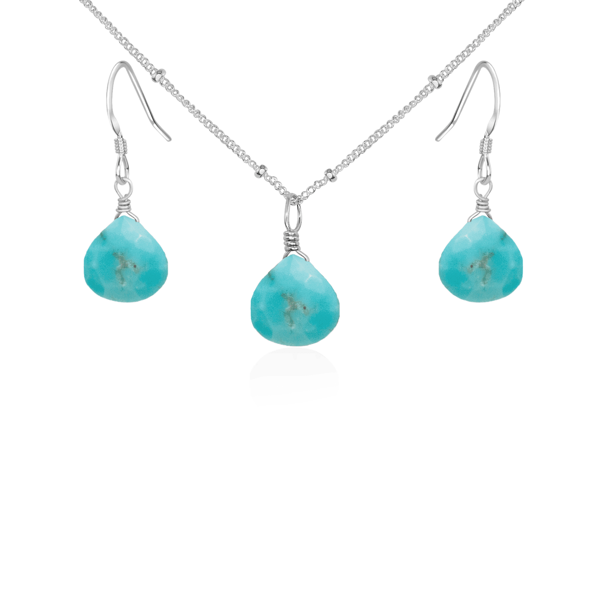 Turquoise Tiny Teardrop Earrings & Necklace Set - Turquoise Tiny Teardrop Earrings & Necklace Set - Sterling Silver / Satellite - Luna Tide Handmade Crystal Jewellery