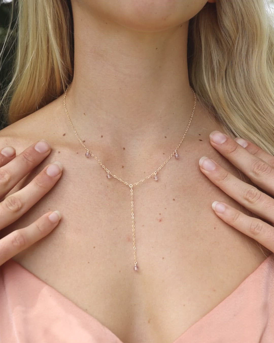 Pink Amethyst Crystal Boho Lariat Necklace