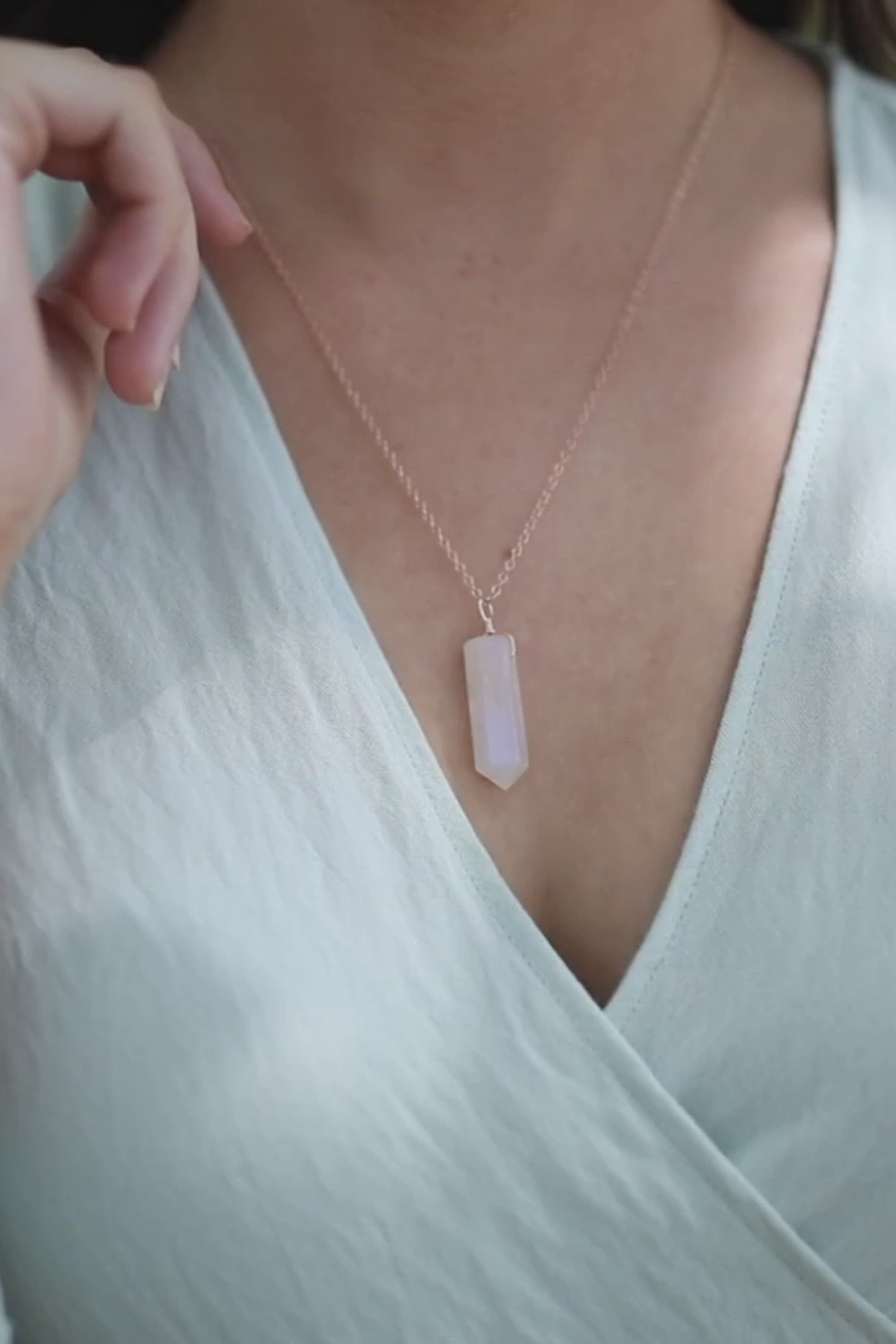 Rainbow Moonstone Crystal Generator Point Pendant Necklace