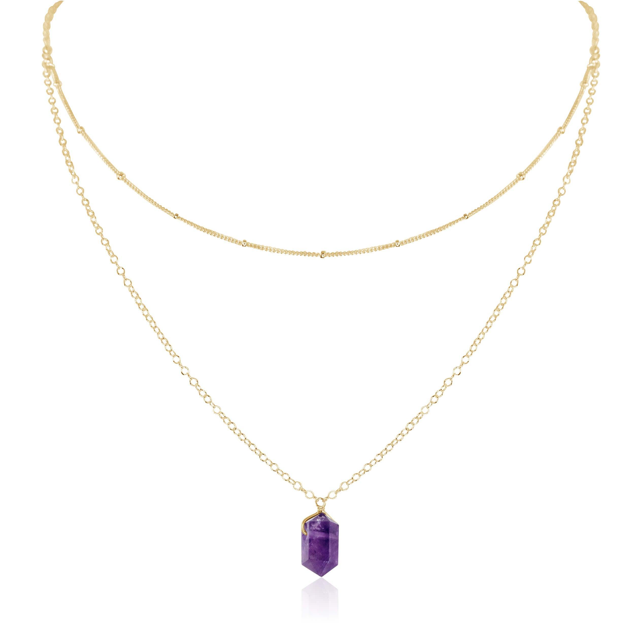 Amethyst Double Terminated Crystal Chain Layered Choker Necklace - Amethyst Double Terminated Crystal Chain Layered Choker Necklace - 14k Gold Fill - Luna Tide Handmade Crystal Jewellery