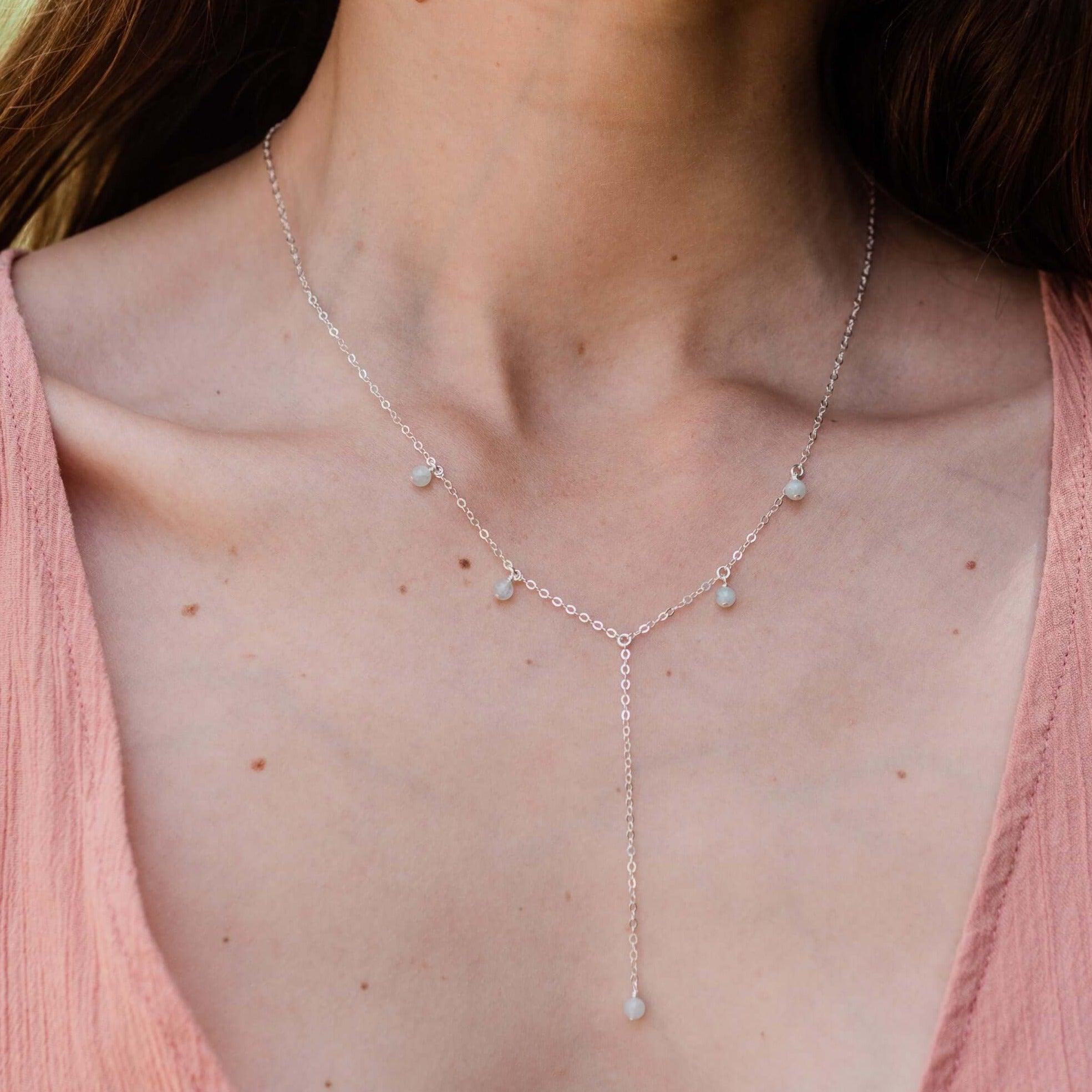 Aquamarine Boho Lariat Necklace - Aquamarine Boho Lariat Necklace - Sterling Silver - Luna Tide Handmade Crystal Jewellery