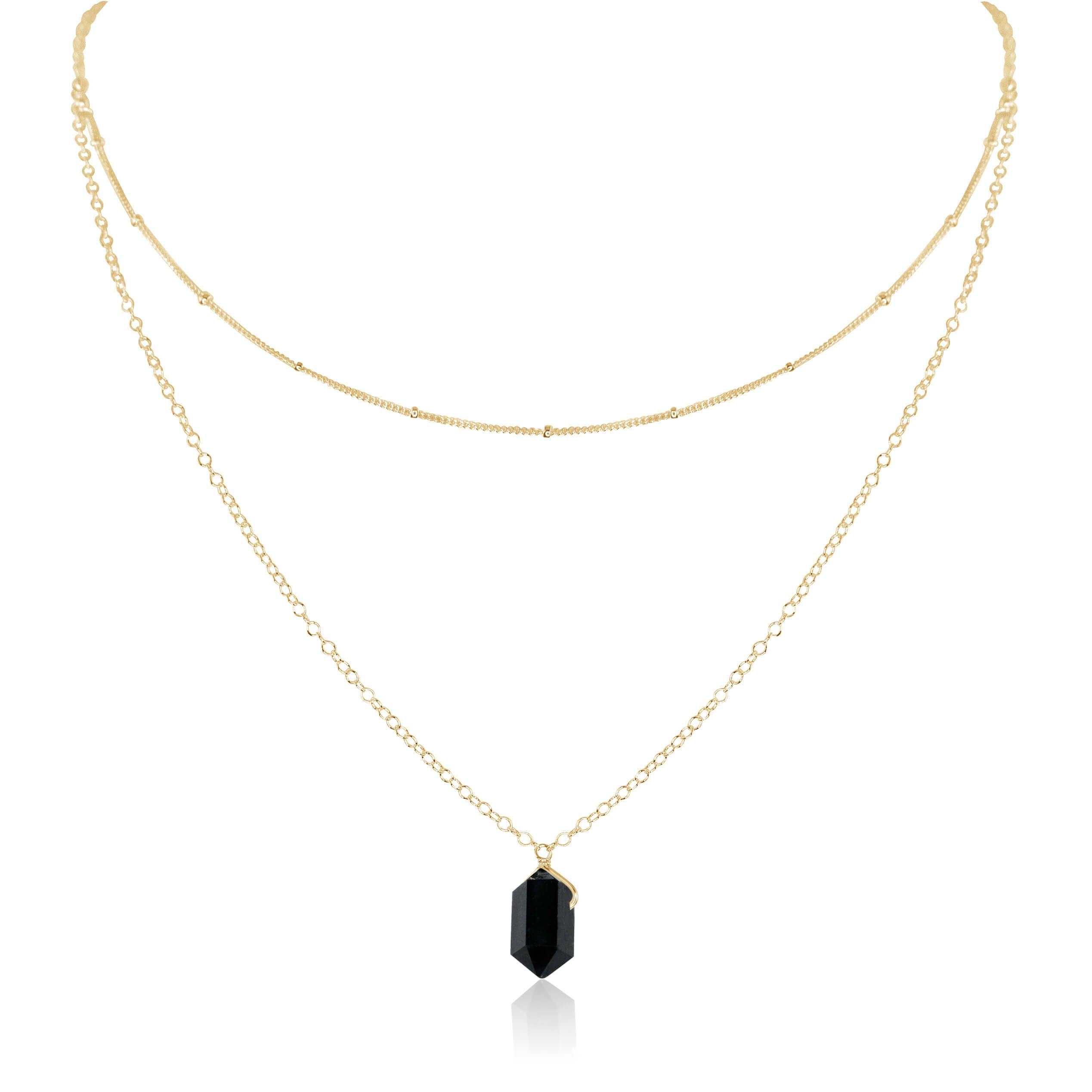 Black Tourmaline Double Terminated Crystal Chain Layered Choker Necklace - Black Tourmaline Double Terminated Crystal Chain Layered Choker Necklace - 14k Gold Fill - Luna Tide Handmade Crystal Jewellery