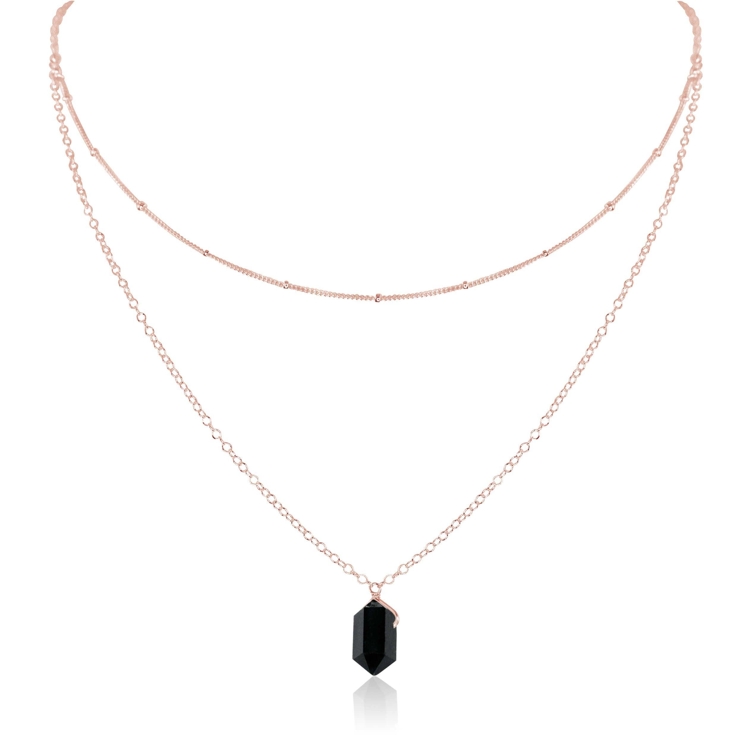 Black Tourmaline Double Terminated Crystal Chain Layered Choker Necklace - Black Tourmaline Double Terminated Crystal Chain Layered Choker Necklace - 14k Rose Gold Fill - Luna Tide Handmade Crystal Jewellery