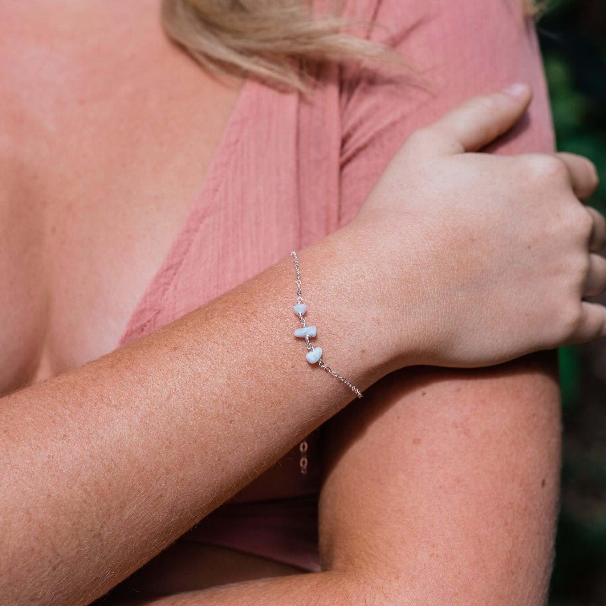 Blue Lace Agate Beaded Chain Bracelet - Blue Lace Agate Beaded Chain Bracelet - Sterling Silver - Luna Tide Handmade Crystal Jewellery