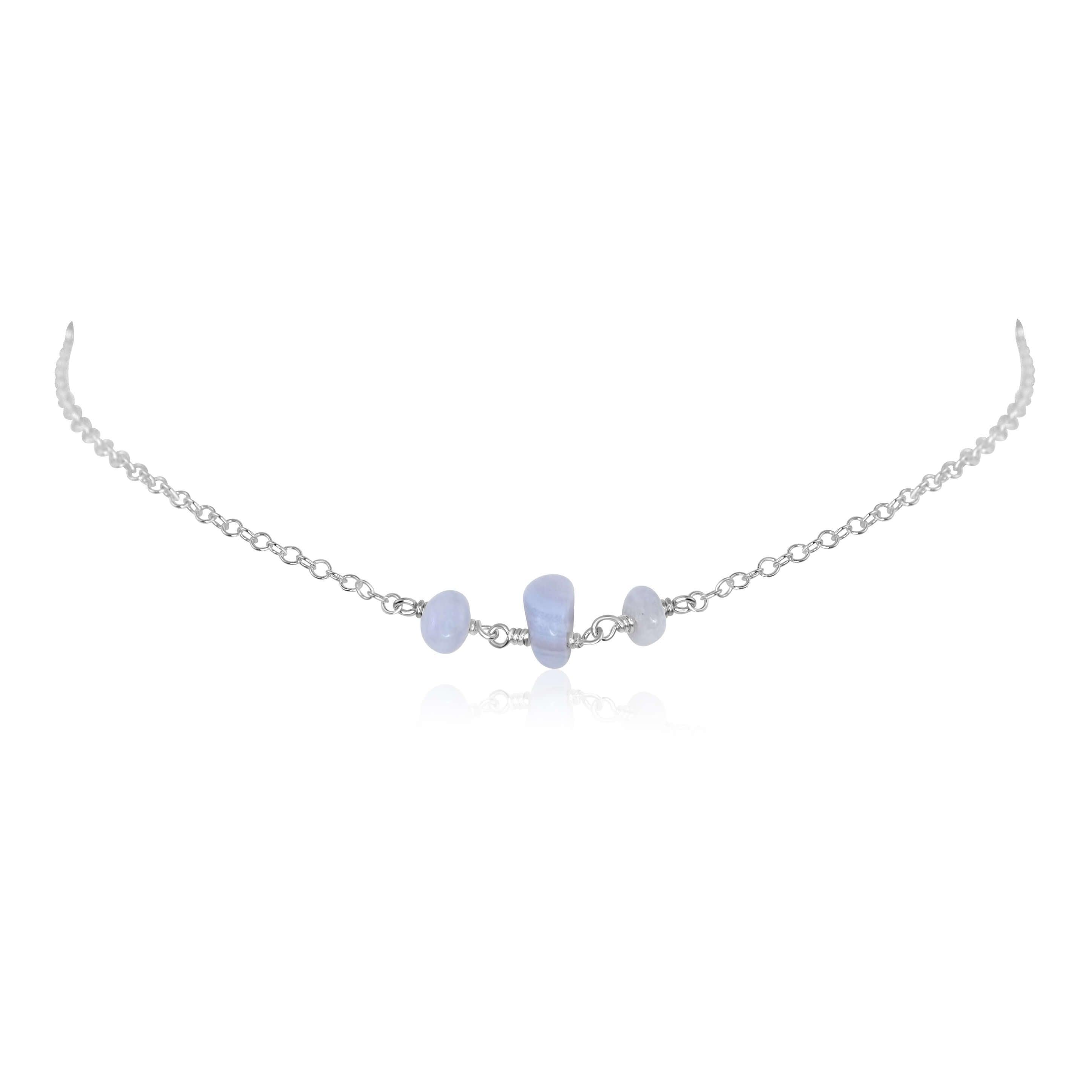 Blue Lace Agate Beaded Chain Choker Necklace - Blue Lace Agate Beaded Chain Choker Necklace - Sterling Silver - Luna Tide Handmade Crystal Jewellery