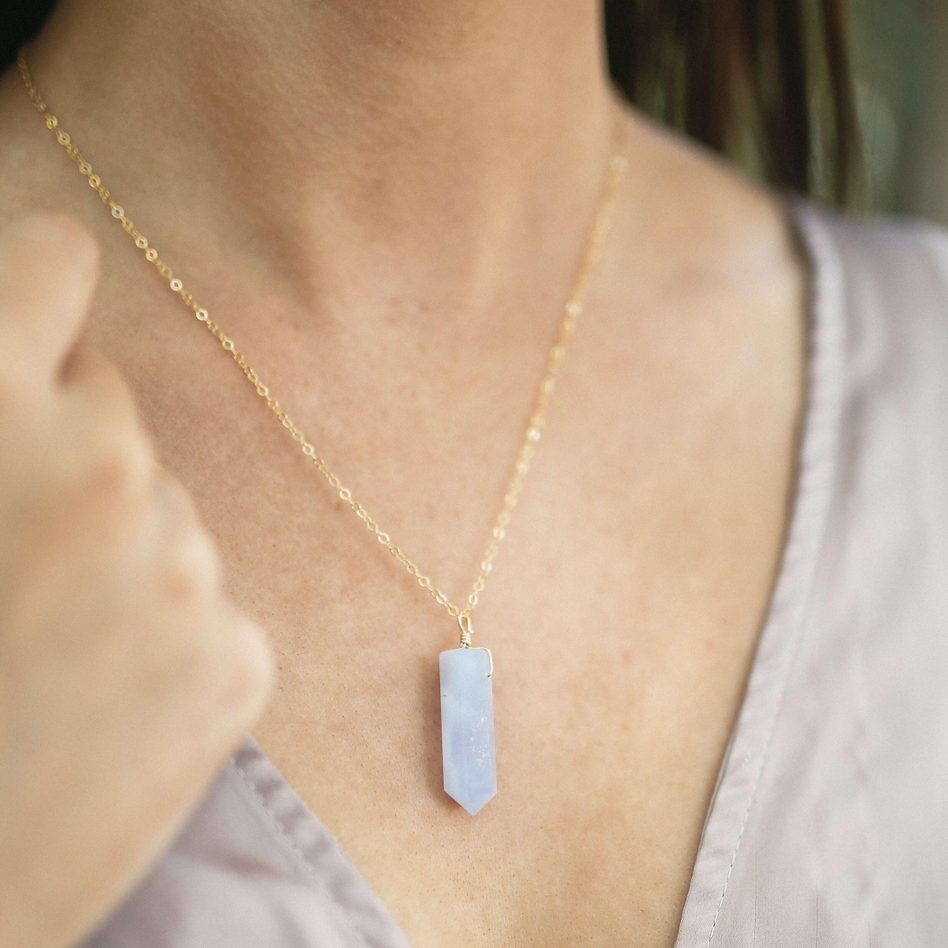 Blue Lace Agate Crystal Generator Point Pendant Necklace - Blue Lace Agate Crystal Generator Point Pendant Necklace - Sterling Silver / Cable - Luna Tide Handmade Crystal Jewellery