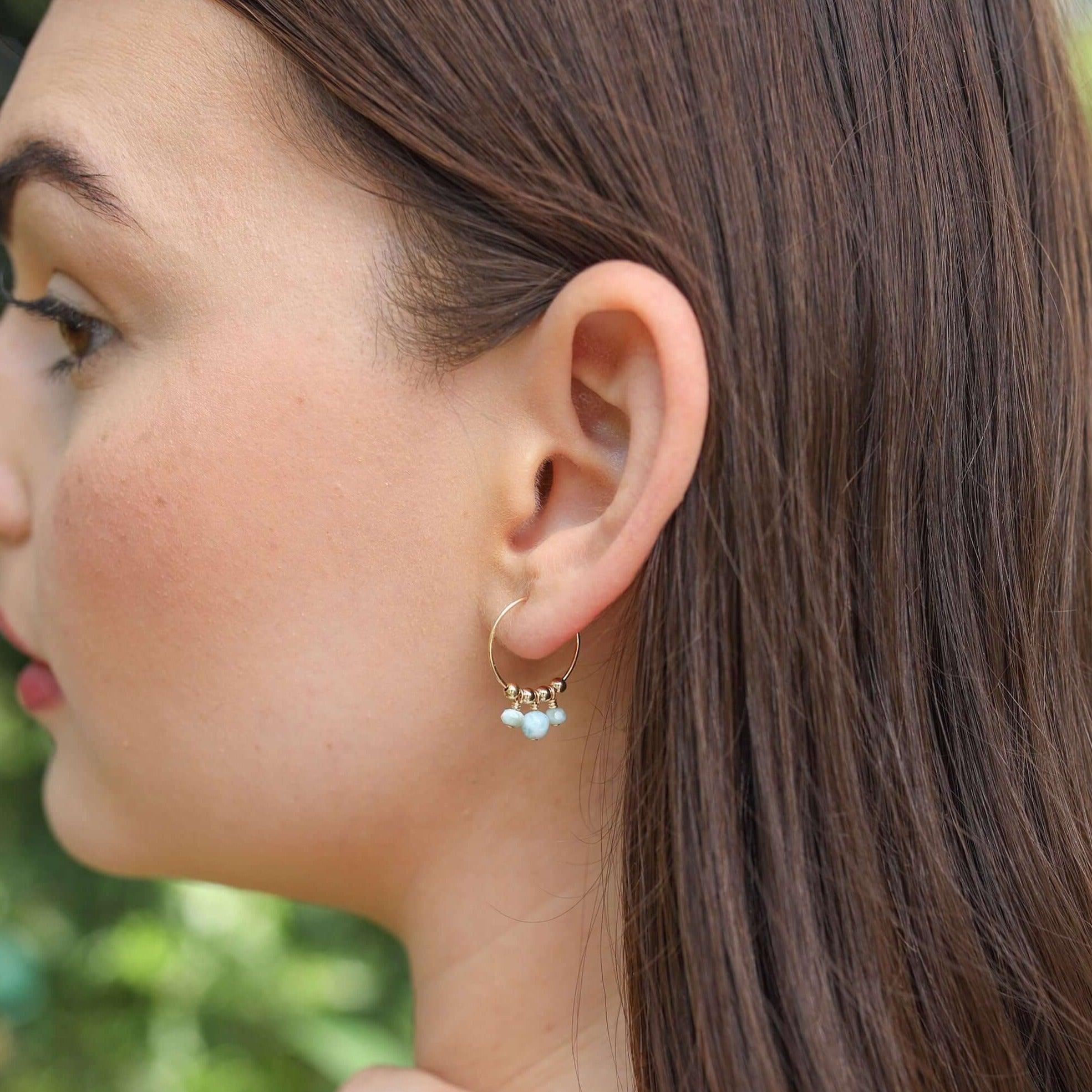 Blue Larimar Gemstone Bead Drop Hoop Earrings - Blue Larimar Gemstone Bead Drop Hoop Earrings - Sterling Silver - Luna Tide Handmade Crystal Jewellery