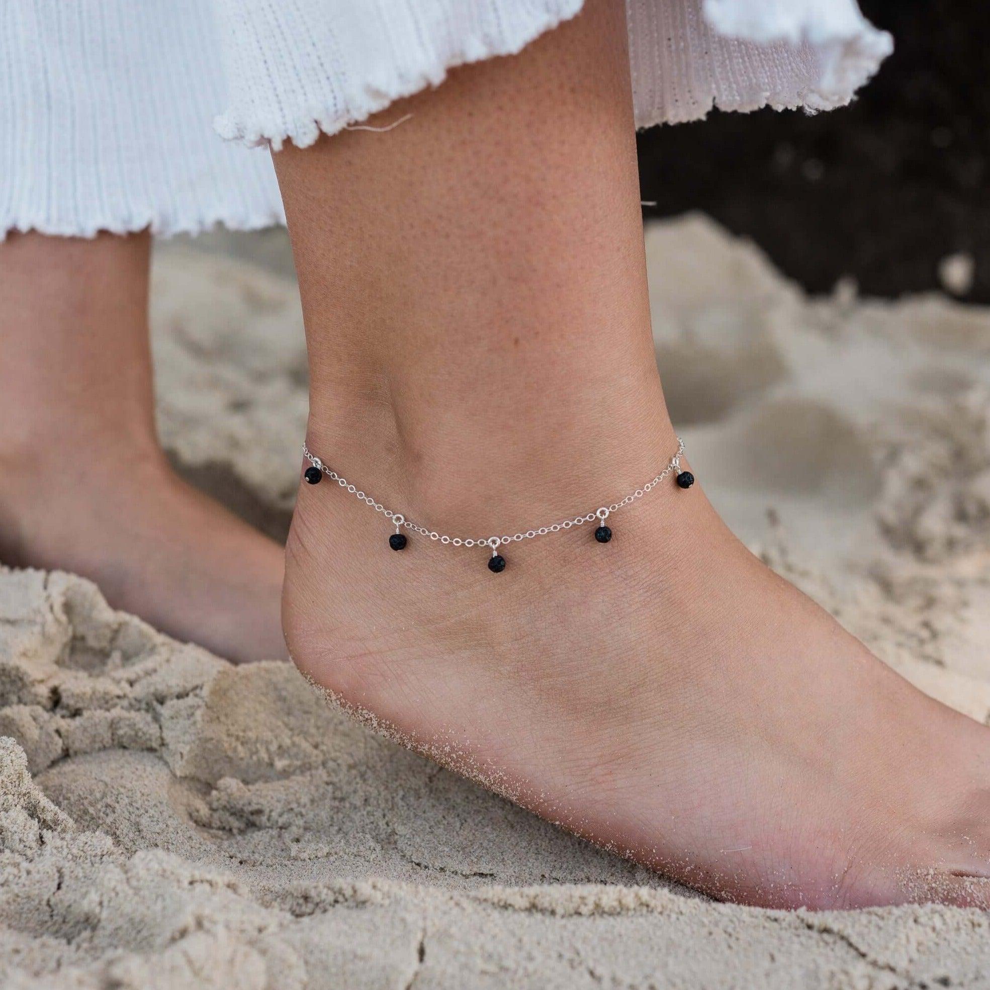 Boho Black Lava Rock Bead Drop Anklet - Boho Black Lava Rock Bead Drop Anklet - 14k Gold Fill - Luna Tide Handmade Crystal Jewellery