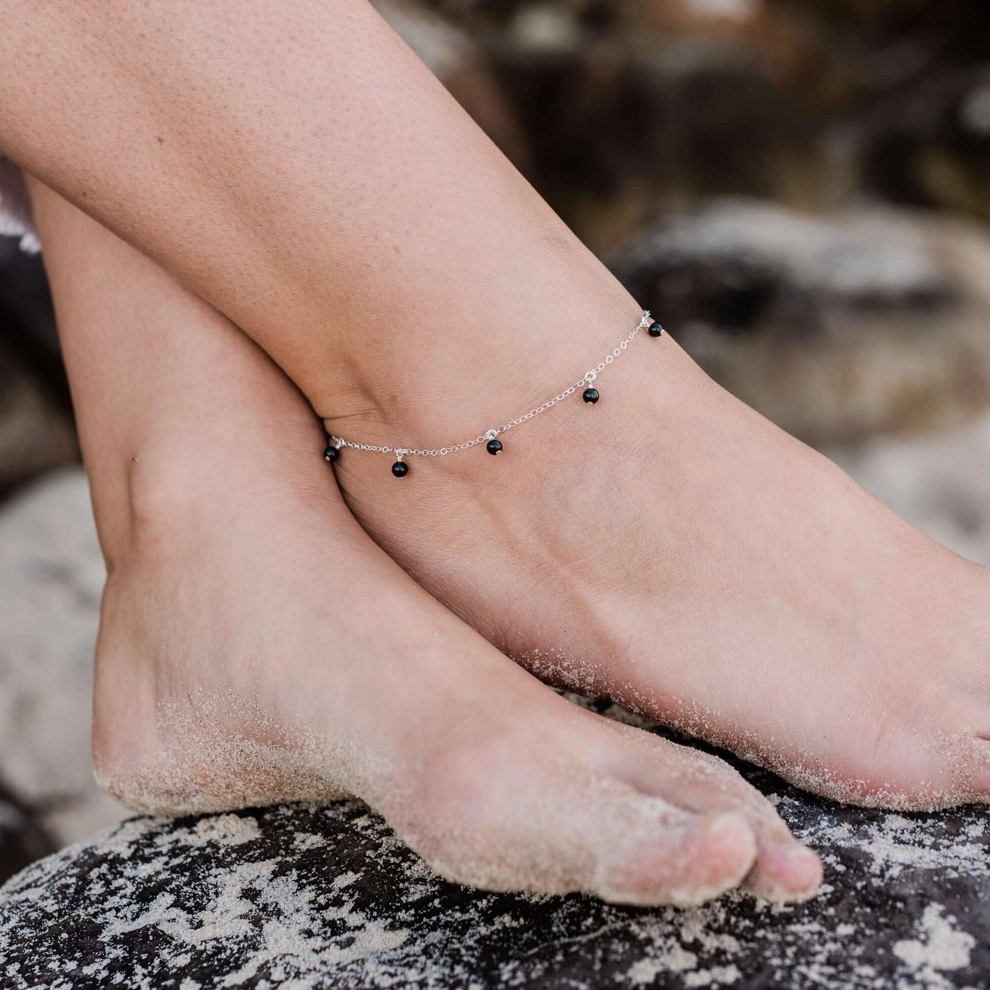Boho Black Onyx Gemstone Bead Drop Anklet - Boho Black Onyx Gemstone Bead Drop Anklet - 14k Gold Fill - Luna Tide Handmade Crystal Jewellery