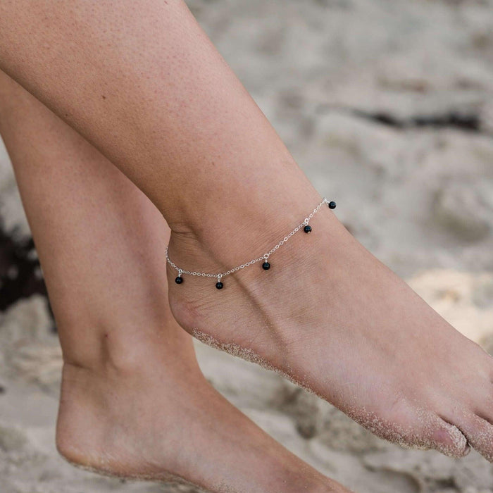Boho Black Tourmaline Gemstone Bead Drop Anklet - Boho Black Tourmaline Gemstone Bead Drop Anklet - Sterling Silver - Luna Tide Handmade Crystal Jewellery