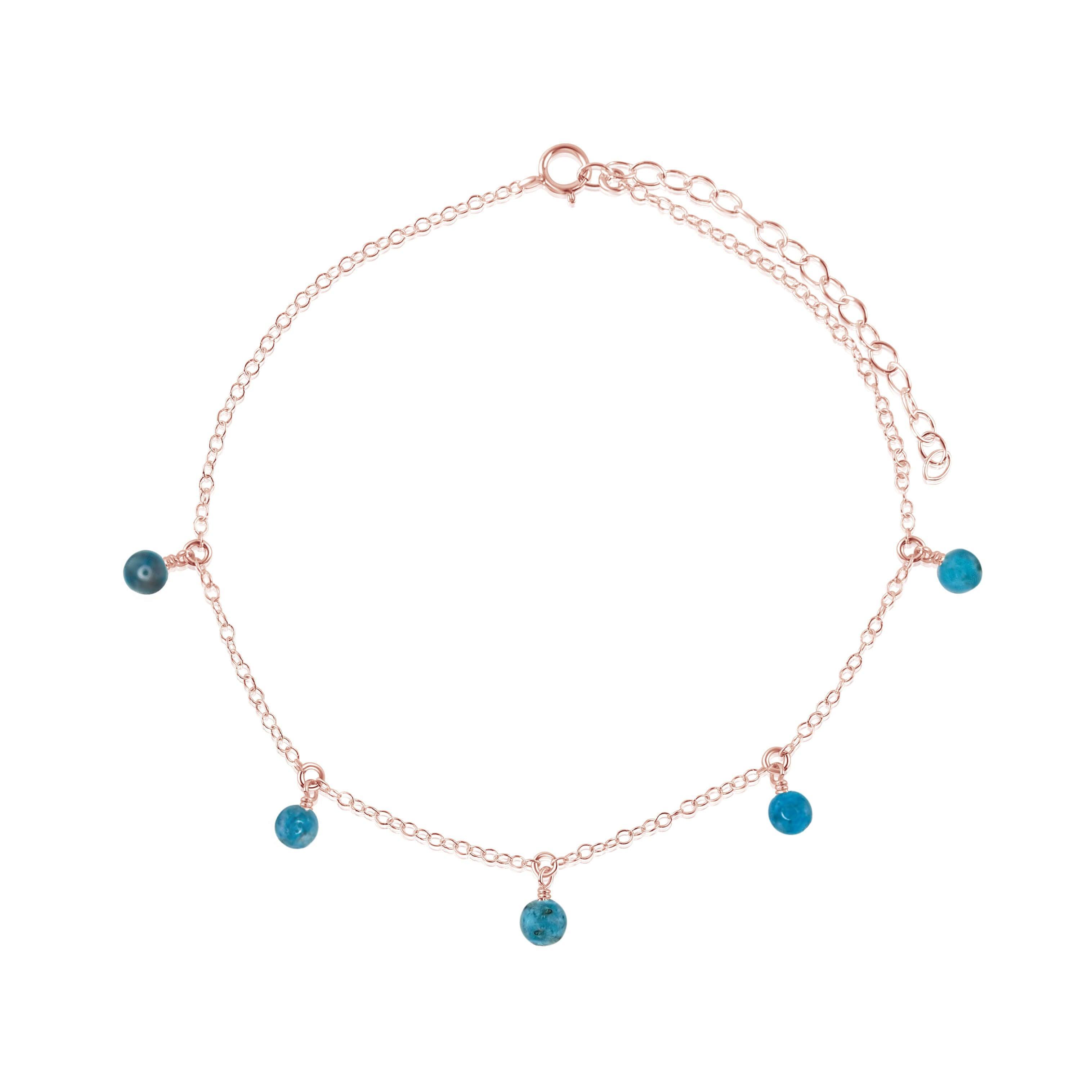 Boho Blue Apatite Gemstone Bead Drop Anklet - Boho Blue Apatite Gemstone Bead Drop Anklet - 14k Rose Gold Fill - Luna Tide Handmade Crystal Jewellery