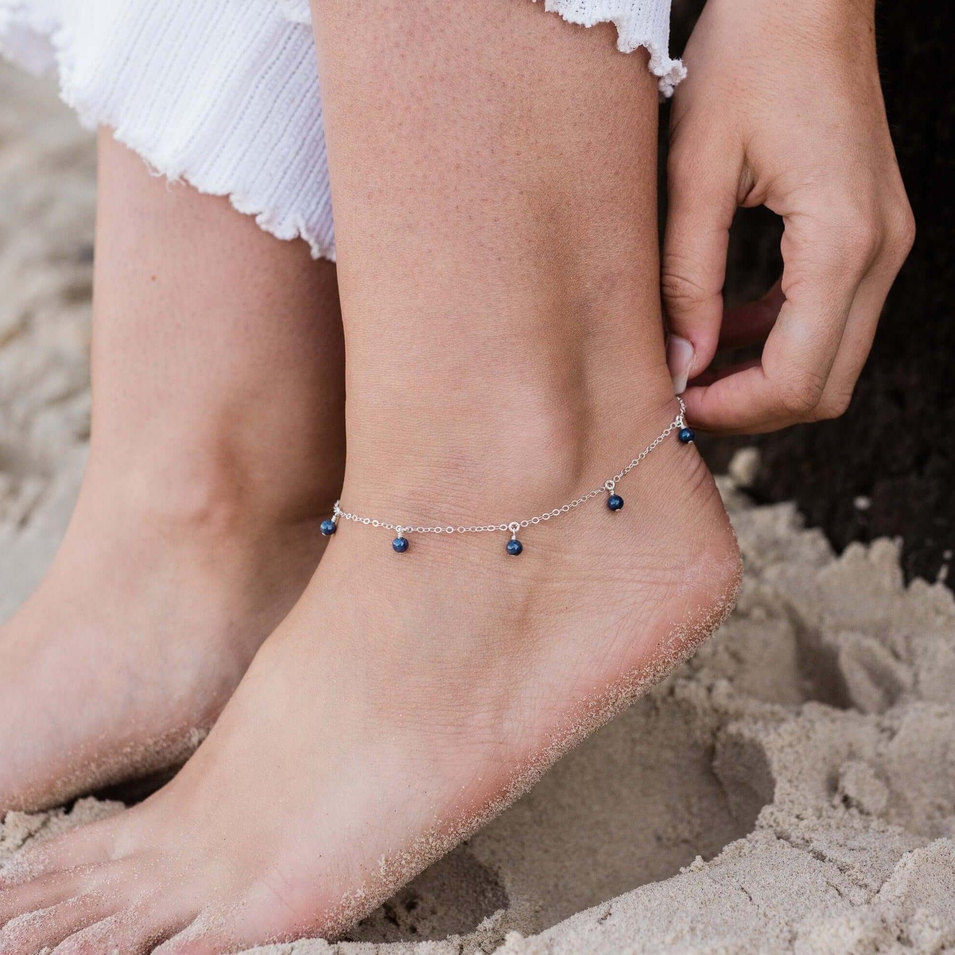 Boho Blue Sapphire Gemstone Bead Drop Anklet - Boho Blue Sapphire Gemstone Bead Drop Anklet - Sterling Silver - Luna Tide Handmade Crystal Jewellery