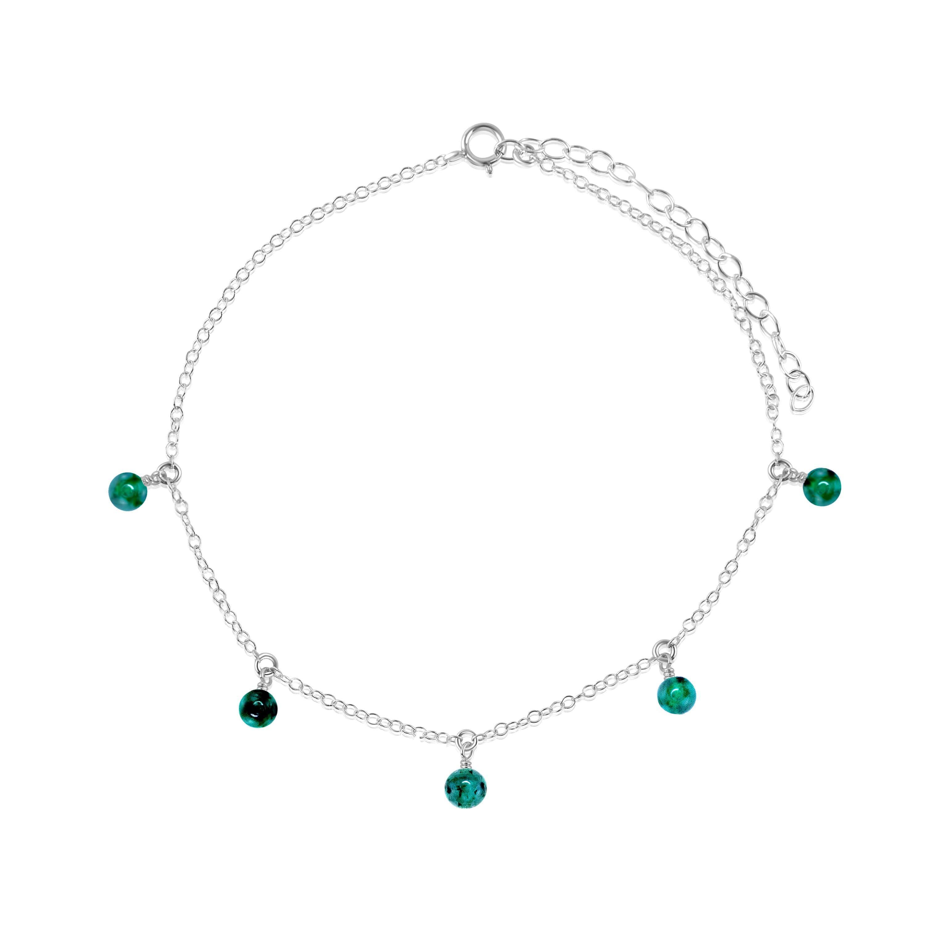 Boho Green Emerald Gemstone Bead Drop Anklet - Boho Green Emerald Gemstone Bead Drop Anklet - Sterling Silver - Luna Tide Handmade Crystal Jewellery