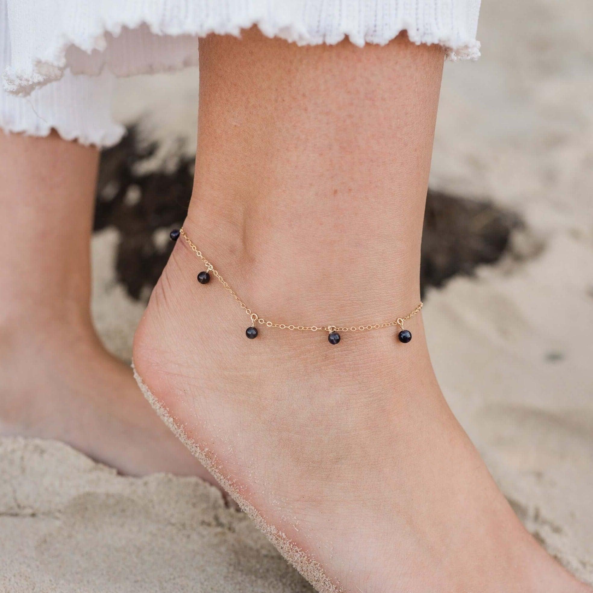 Boho Grey Iolite Gemstone Bead Drop Anklet - Boho Grey Iolite Gemstone Bead Drop Anklet - 14k Gold Fill - Luna Tide Handmade Crystal Jewellery