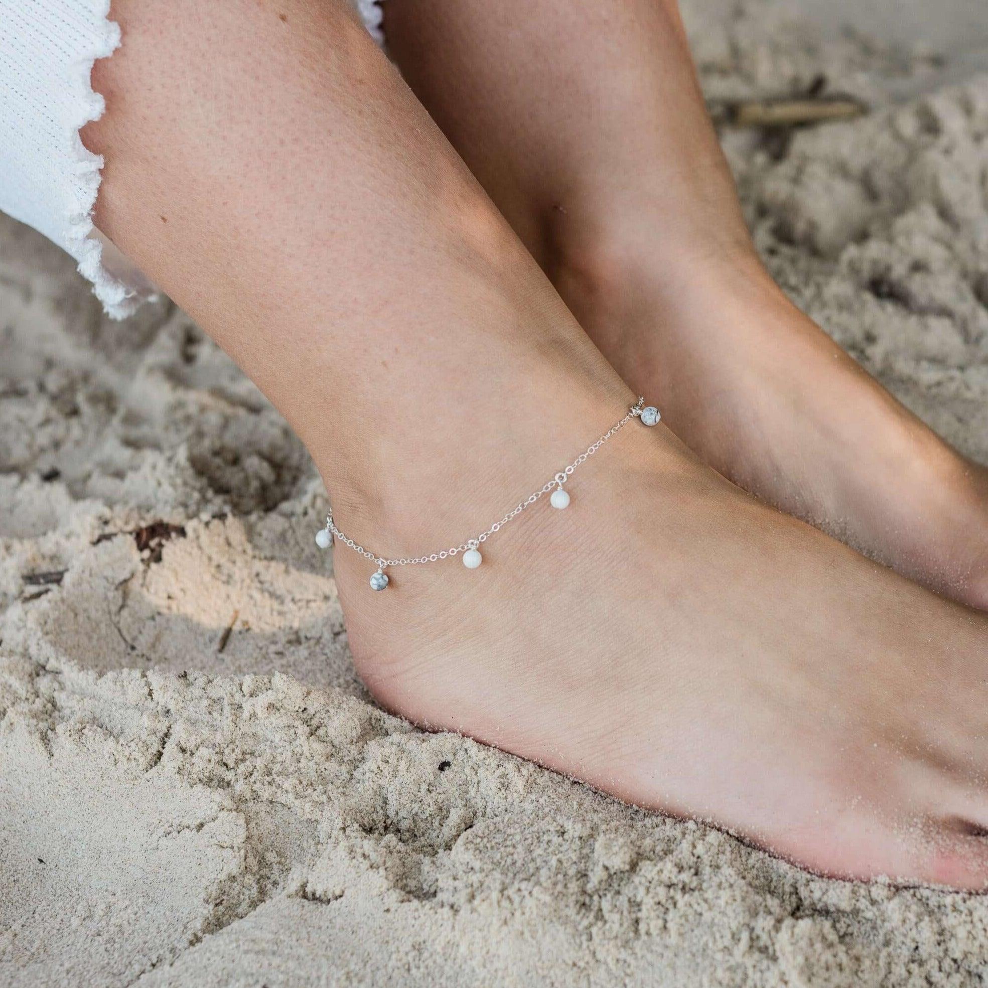 Boho White Howlite Gemstone Bead Drop Anklet - Boho White Howlite Gemstone Bead Drop Anklet - 14k Gold Fill - Luna Tide Handmade Crystal Jewellery