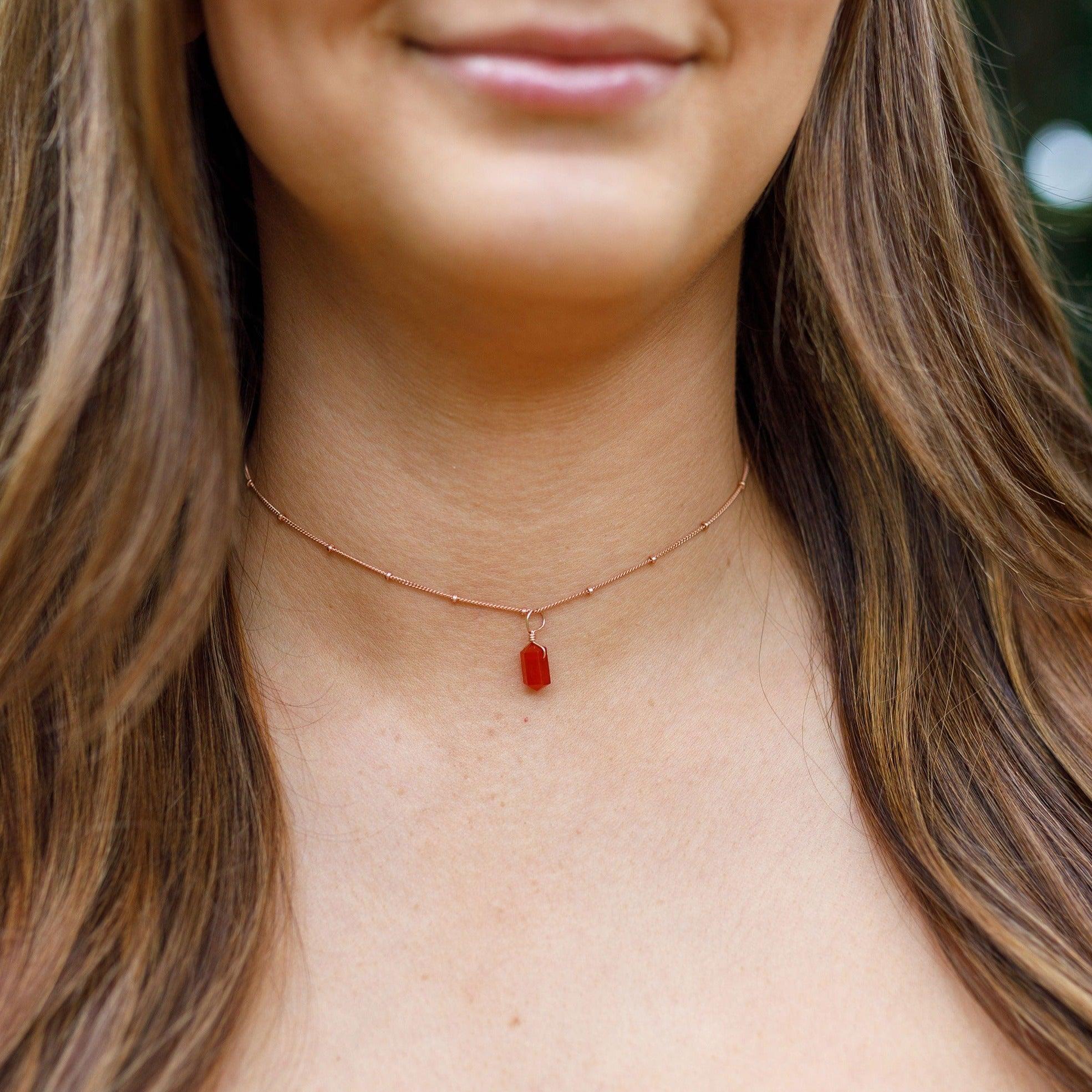 Carnelian Mini Double Terminated Crystal Point Pendant Choker Necklace - Carnelian Mini Double Terminated Crystal Point Pendant Choker Necklace - Sterling Silver / Cable - Luna Tide Handmade Crystal Jewellery