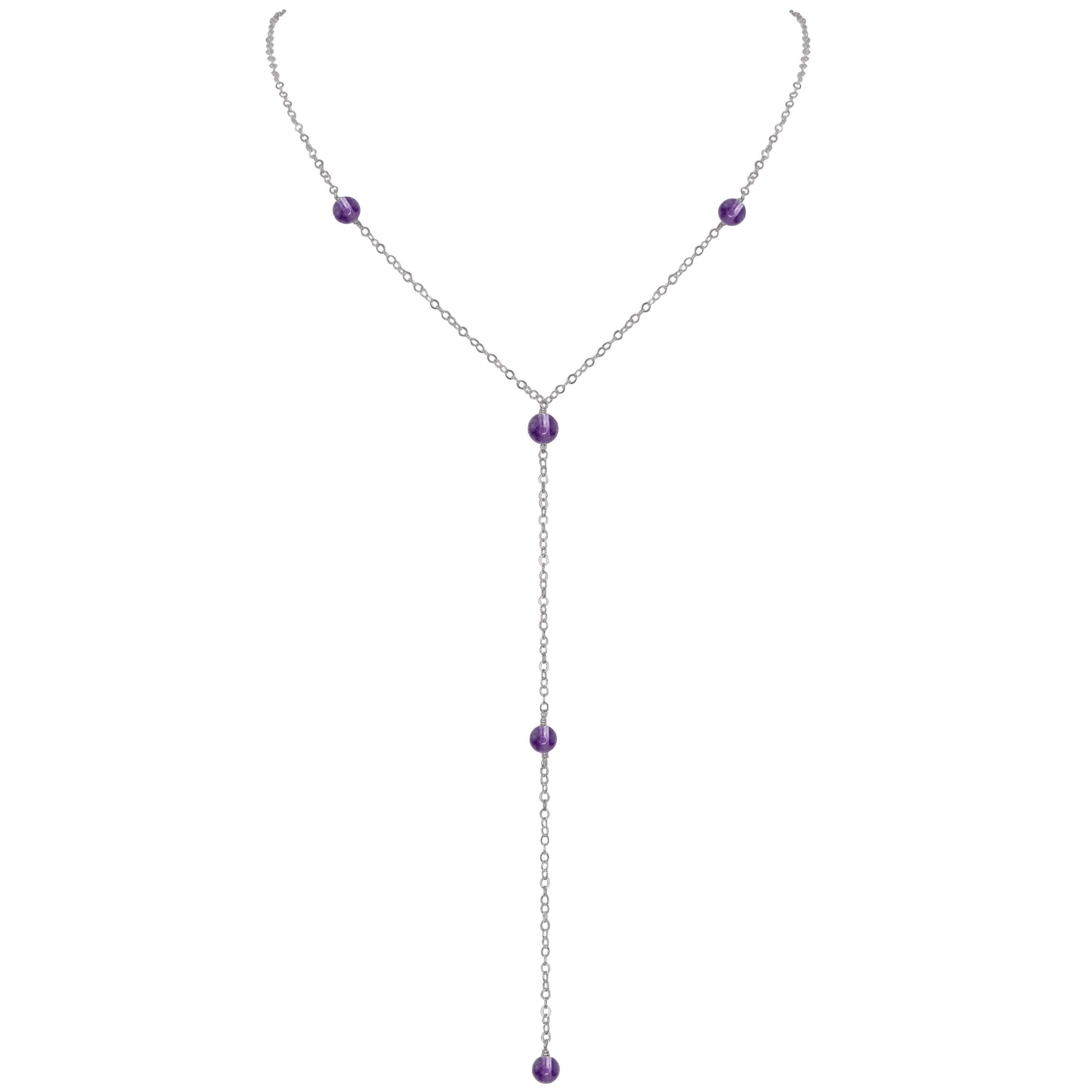 Dainty Amethyst Lariat Necklace - Dainty Amethyst Lariat Necklace - Stainless Steel - Luna Tide Handmade Crystal Jewellery