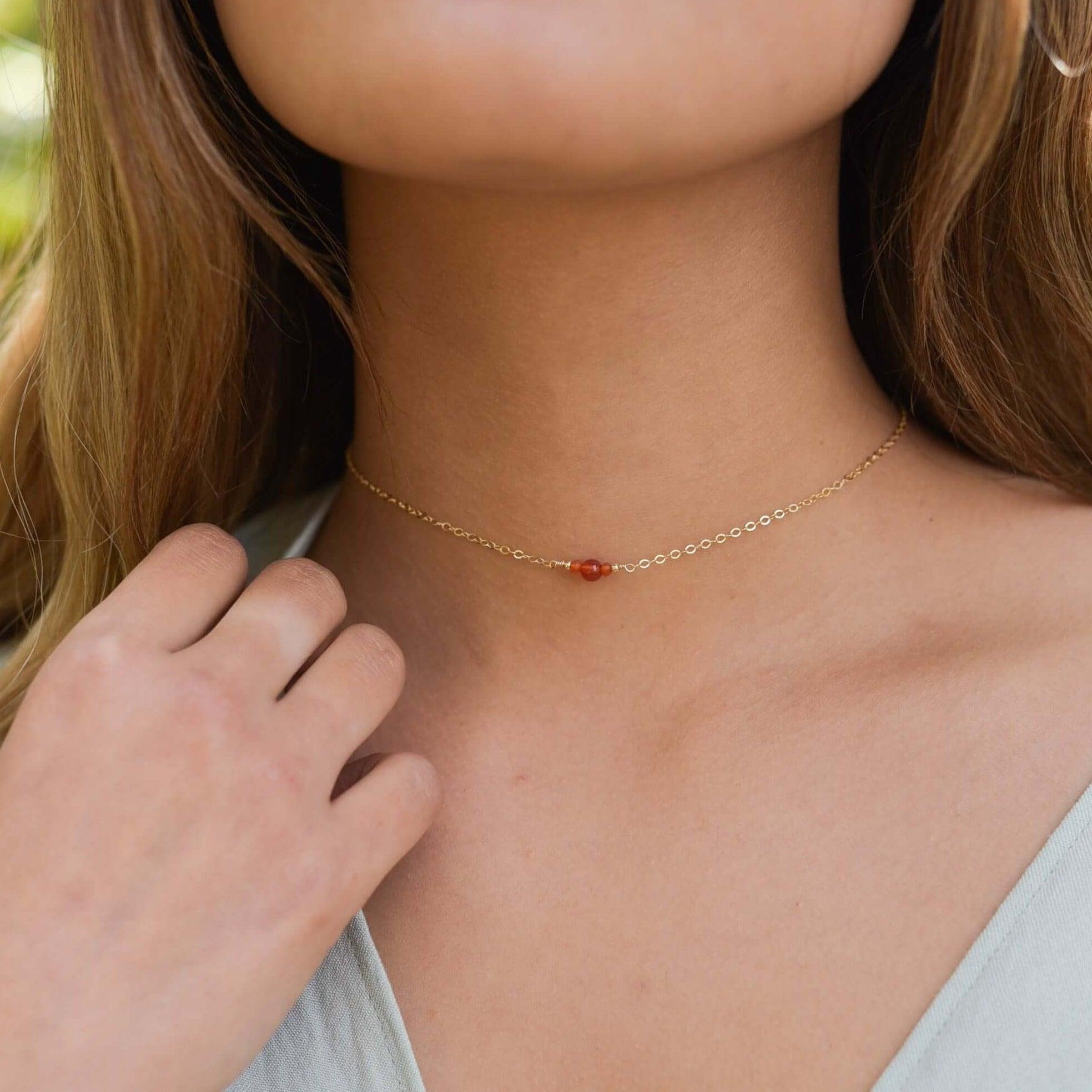 Dainty Carnelian Gemstone Choker Necklace - Dainty Carnelian Gemstone Choker Necklace - Sterling Silver - Luna Tide Handmade Crystal Jewellery