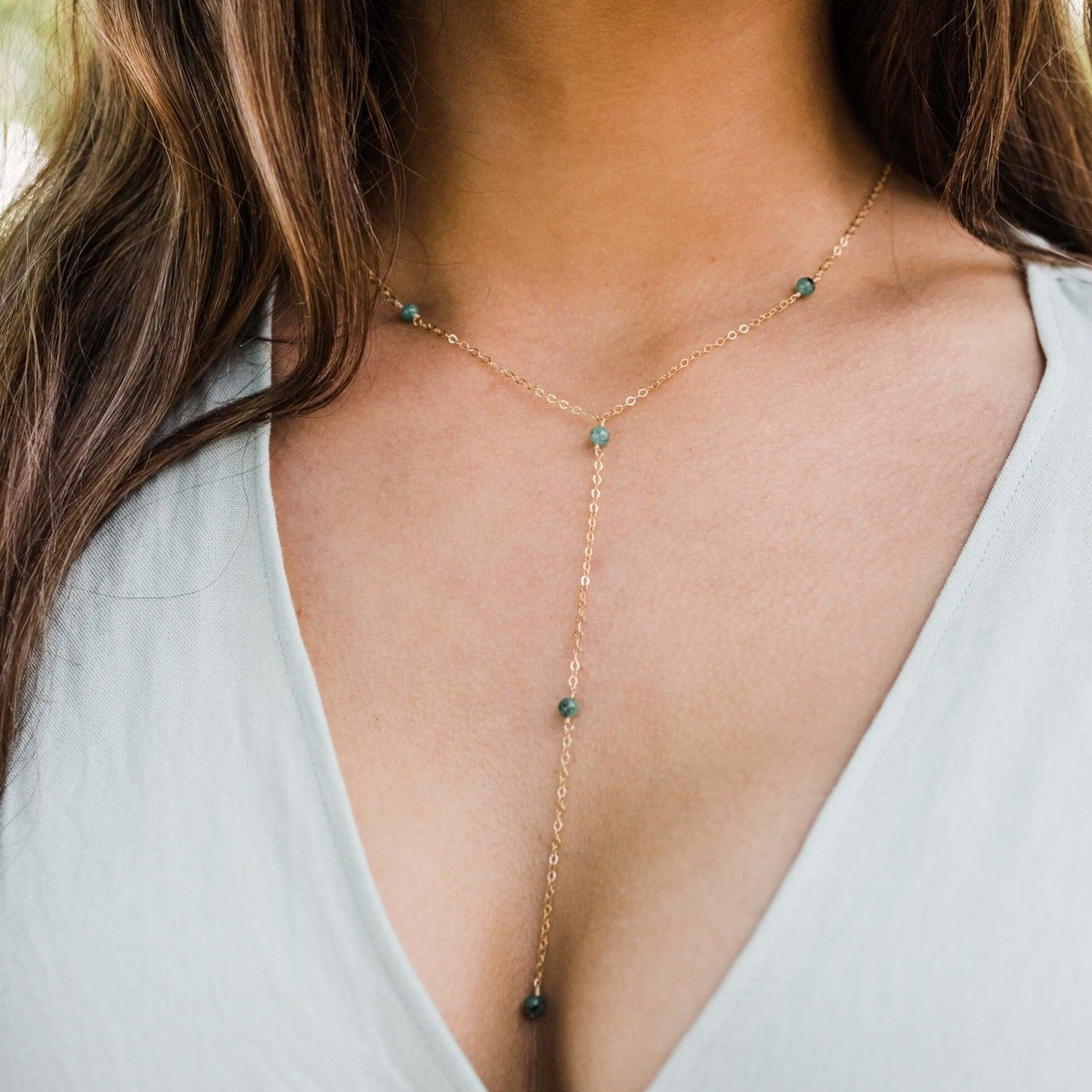 Dainty Emerald Lariat Necklace - Dainty Emerald Lariat Necklace - 14k Gold Fill - Luna Tide Handmade Crystal Jewellery