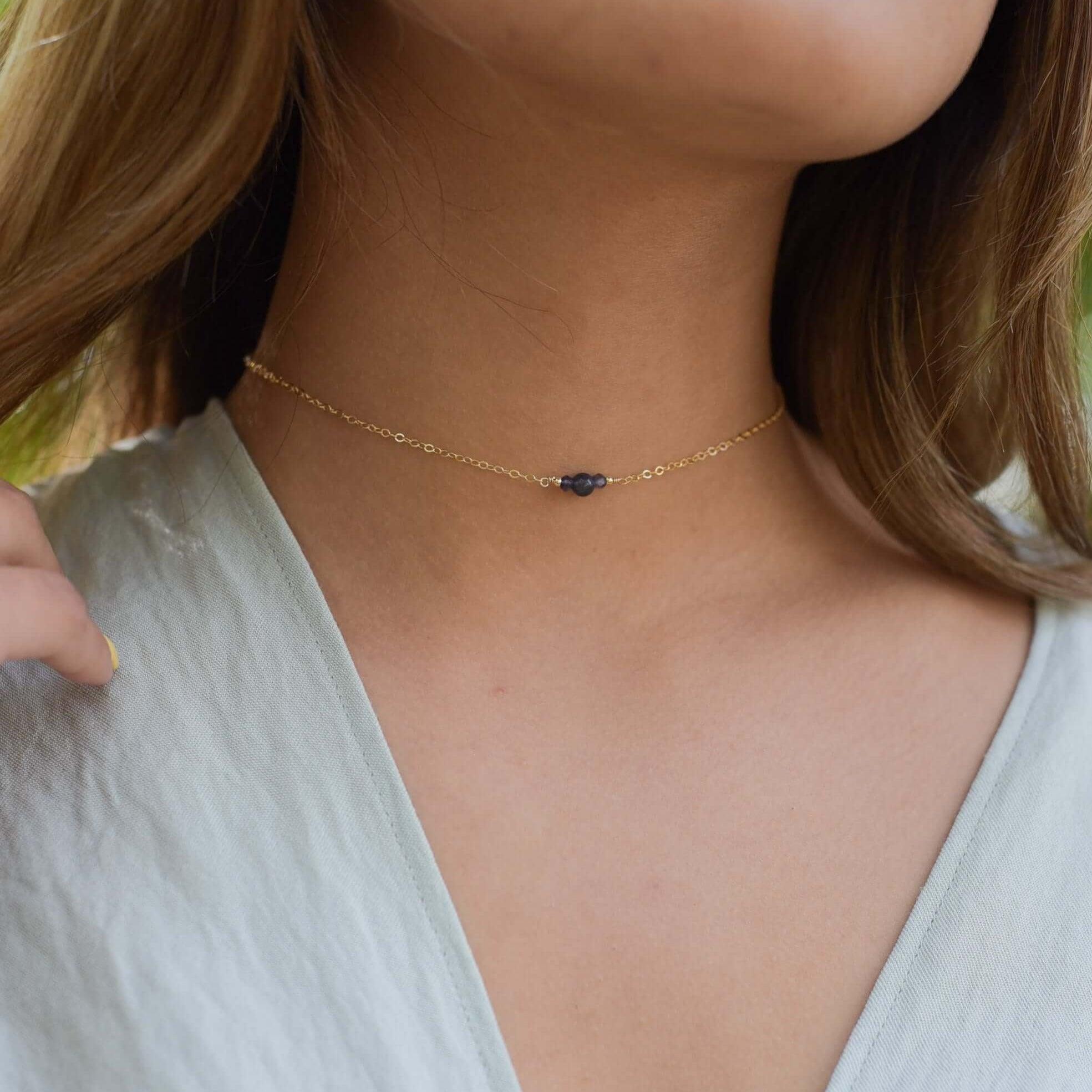 Dainty Iolite Gemstone Choker Necklace - Dainty Iolite Gemstone Choker Necklace - Sterling Silver - Luna Tide Handmade Crystal Jewellery