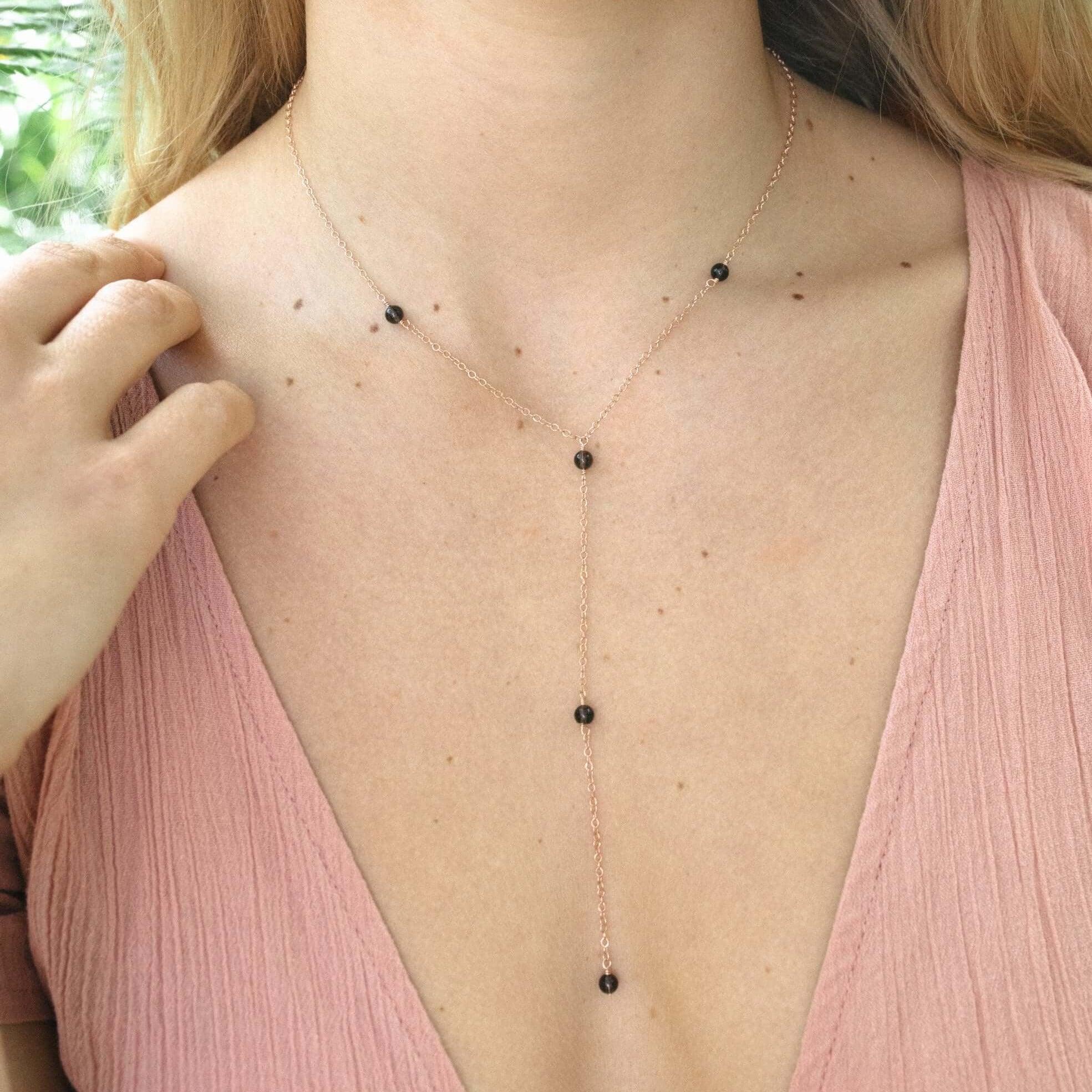 Dainty Smoky Quartz Lariat Necklace - Dainty Smoky Quartz Lariat Necklace - Sterling Silver - Luna Tide Handmade Crystal Jewellery