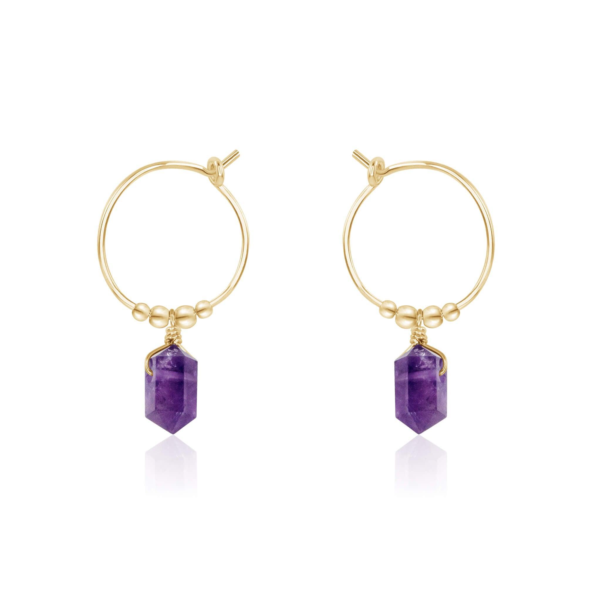 Double Terminated Amethyst Mini Crystal Point Dangle Hoop Earrings - Double Terminated Amethyst Mini Crystal Point Dangle Hoop Earrings - 14k Gold Fill - Luna Tide Handmade Crystal Jewellery