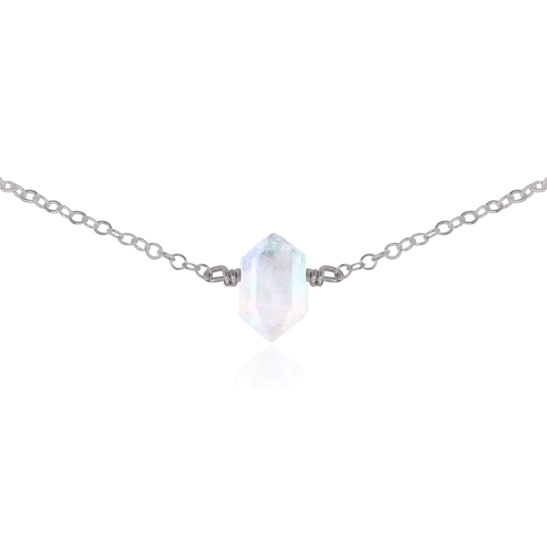 Double Terminated Rainbow Moonstone Mini Crystal Point Choker Necklace - Double Terminated Rainbow Moonstone Mini Crystal Point Choker Necklace - Stainless Steel - Luna Tide Handmade Crystal Jewellery