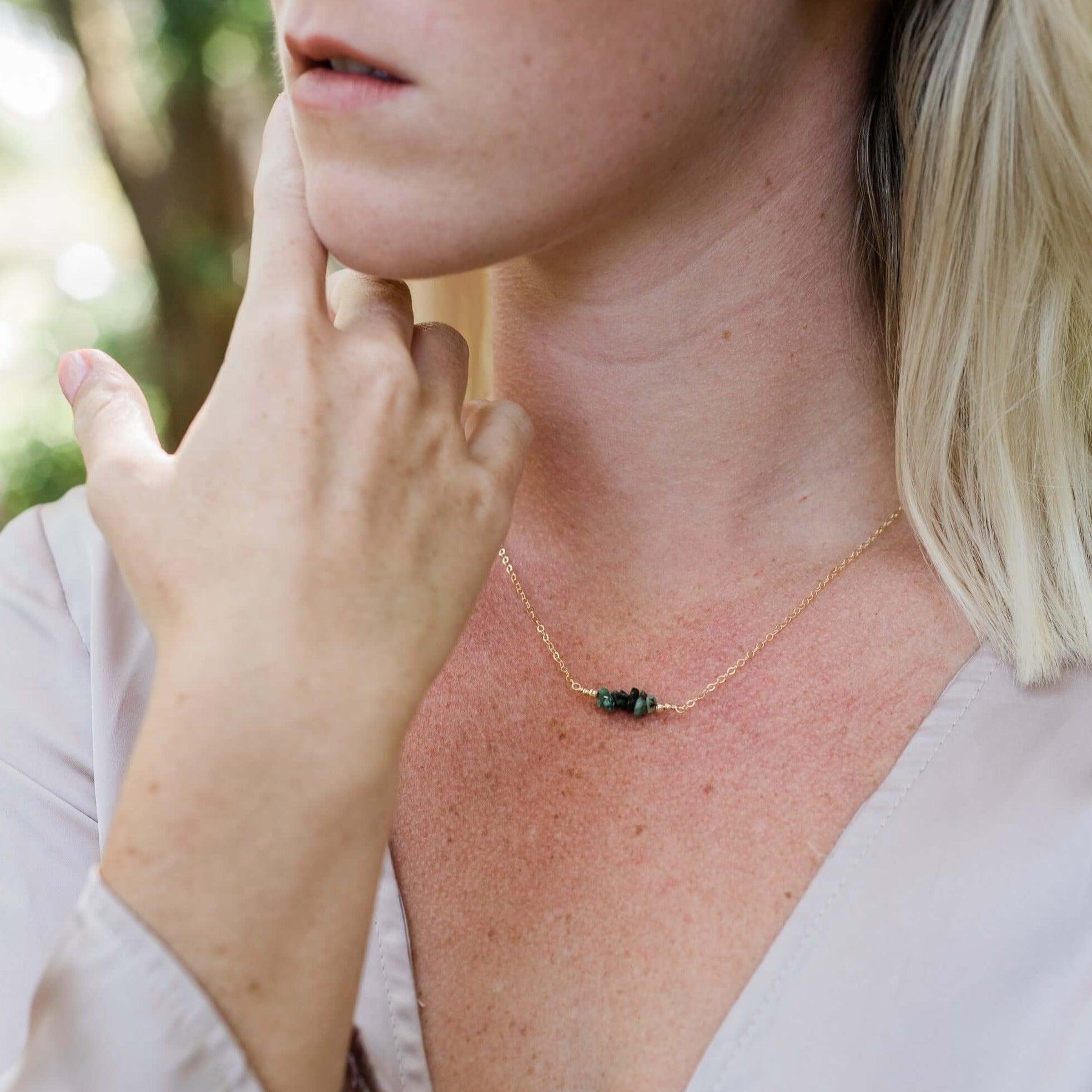 Emerald Chip Bead Bar Necklace - Emerald Chip Bead Bar Necklace - Sterling Silver - Luna Tide Handmade Crystal Jewellery