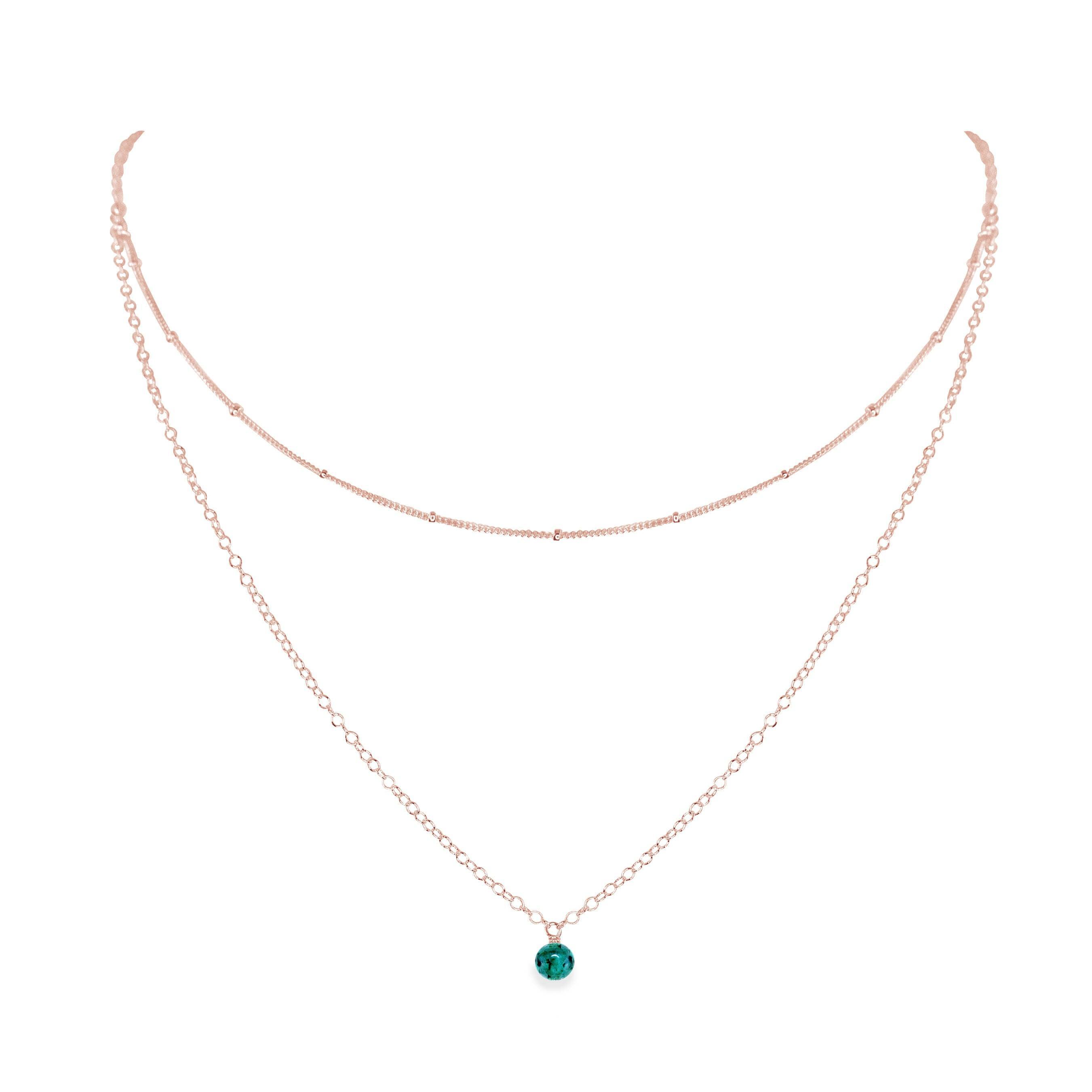 Emerald Gemstone Chain Layered Choker Necklace - Emerald Gemstone Chain Layered Choker Necklace - 14k Rose Gold Fill - Luna Tide Handmade Crystal Jewellery