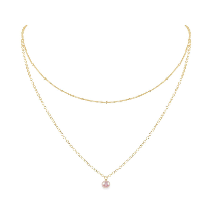 Freshwater Pearl Gemstone Chain Layered Choker Necklace - Freshwater Pearl Gemstone Chain Layered Choker Necklace - 14k Gold Fill - Luna Tide Handmade Crystal Jewellery