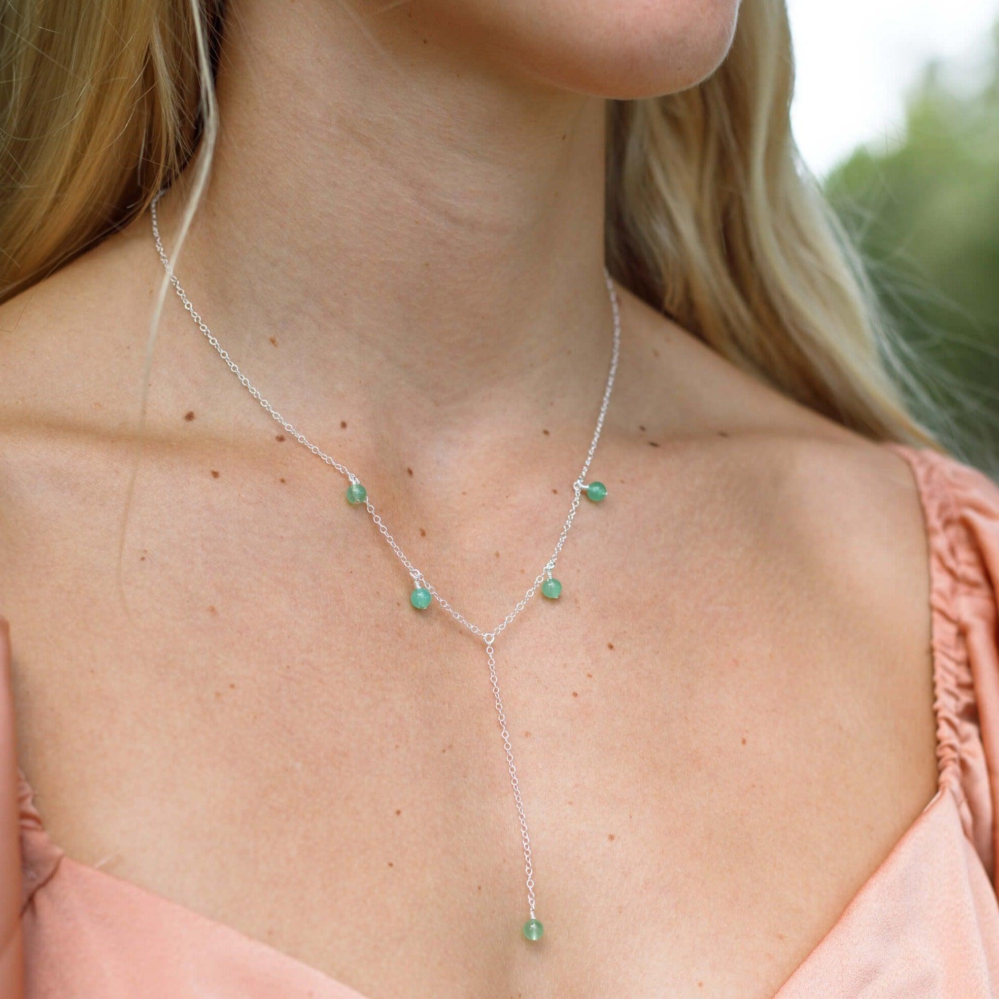 Green Chrysoprase Crystal Boho Lariat Necklace - Green Chrysoprase Crystal Boho Lariat Necklace - Sterling Silver - Luna Tide Handmade Crystal Jewellery