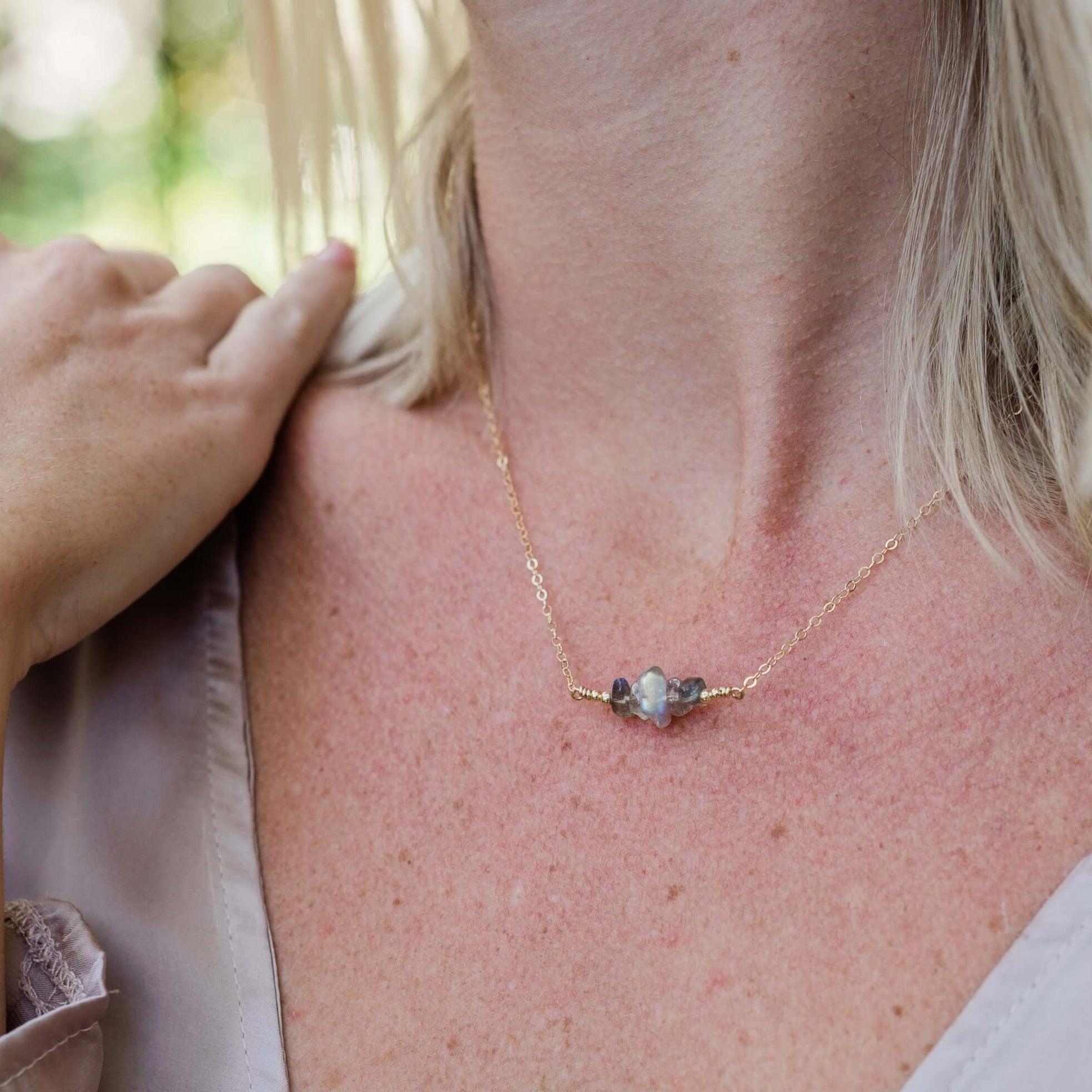 Labradorite Chip Bead Bar Necklace - Labradorite Chip Bead Bar Necklace - 14k Gold Fill - Luna Tide Handmade Crystal Jewellery