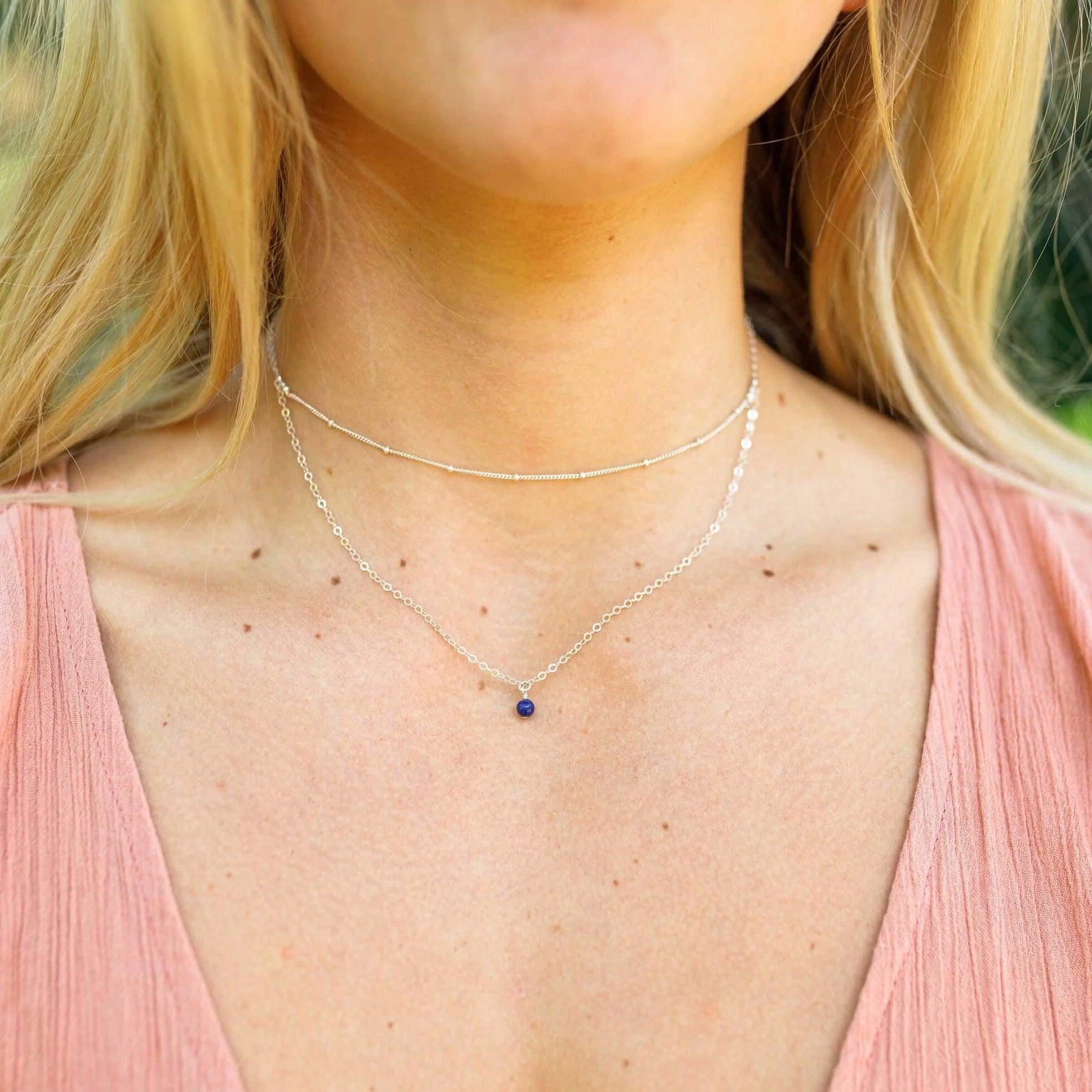 Lapis Lazuli Gemstone Chain Layered Choker Necklace - Lapis Lazuli Gemstone Chain Layered Choker Necklace - Sterling Silver - Luna Tide Handmade Crystal Jewellery