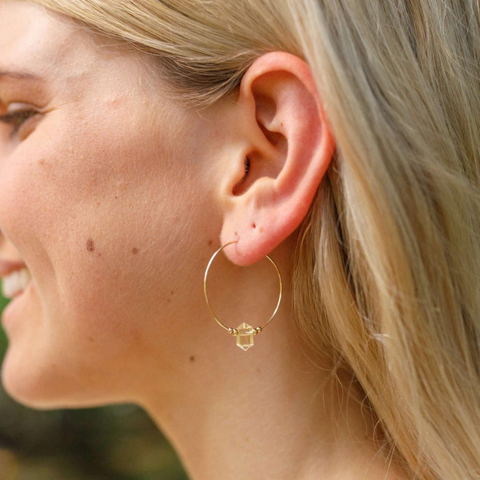 Large Hoop Citrine Double Terminated Crystal Point Earrings - Large Hoop Citrine Double Terminated Crystal Point Earrings - 14k Gold Fill - Luna Tide Handmade Crystal Jewellery