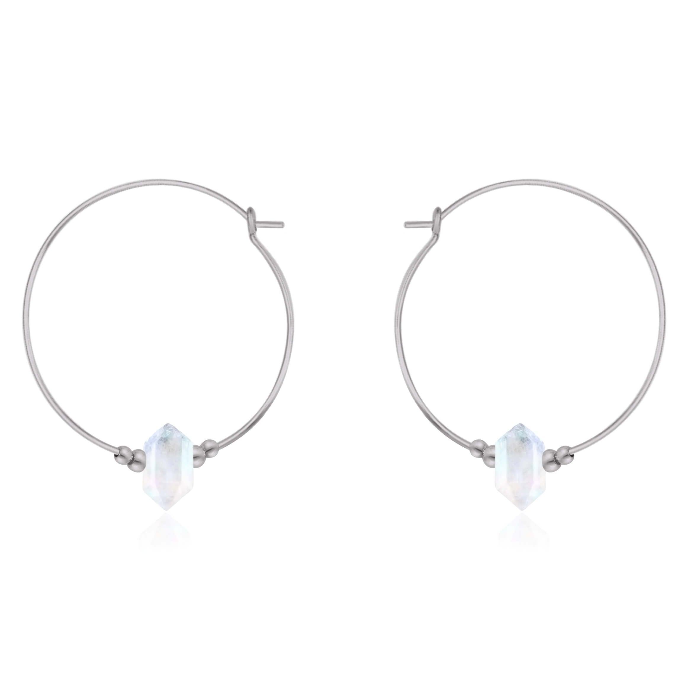 Large Hoop Rainbow Moonstone Double Terminated Crystal Point Earrings - Large Hoop Rainbow Moonstone Double Terminated Crystal Point Earrings - Stainless Steel - Luna Tide Handmade Crystal Jewellery