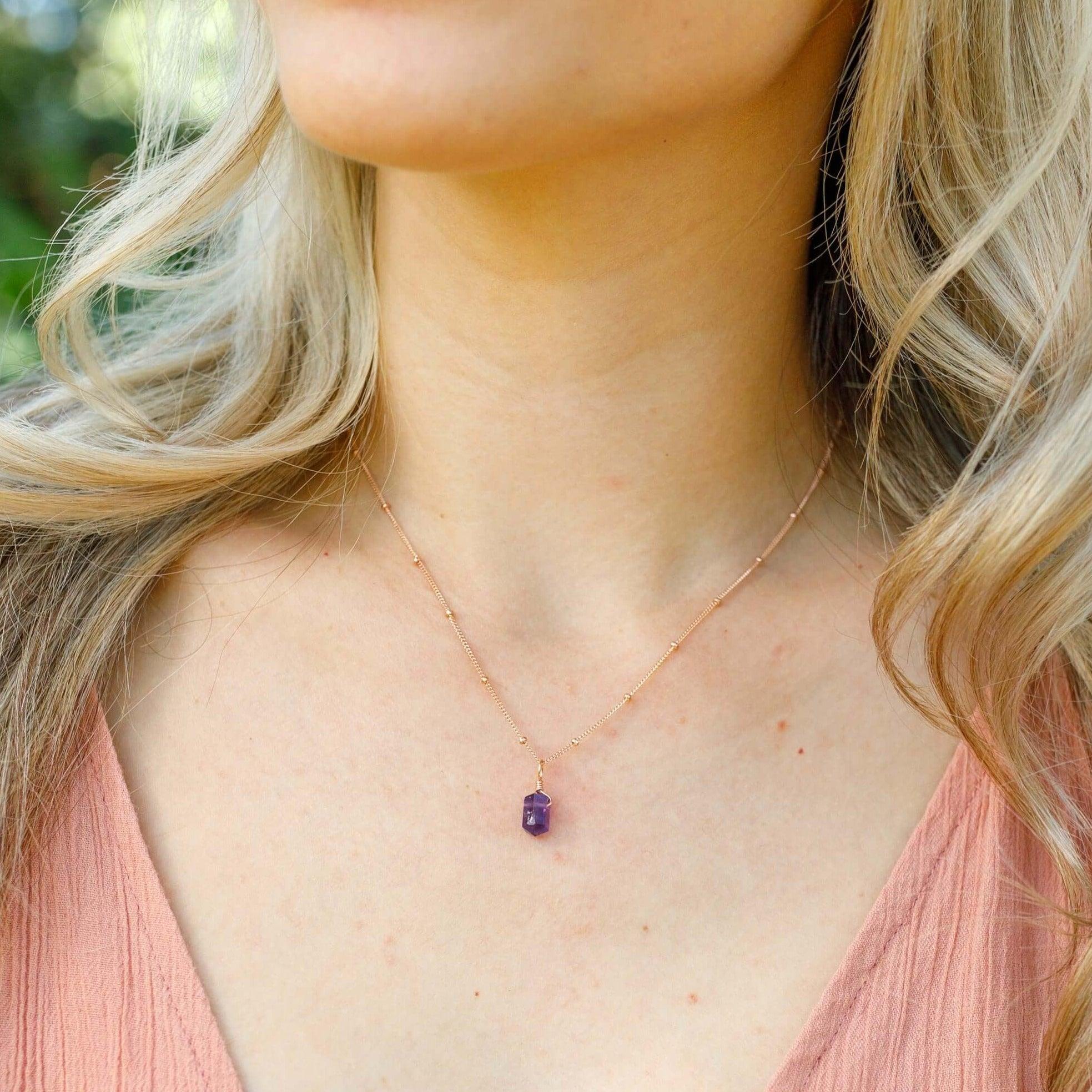 Mini Double Terminated Amethyst Crystal Point Pendant Necklace - Mini Double Terminated Amethyst Crystal Point Pendant Necklace - Sterling Silver / Satellite - Luna Tide Handmade Crystal Jewellery
