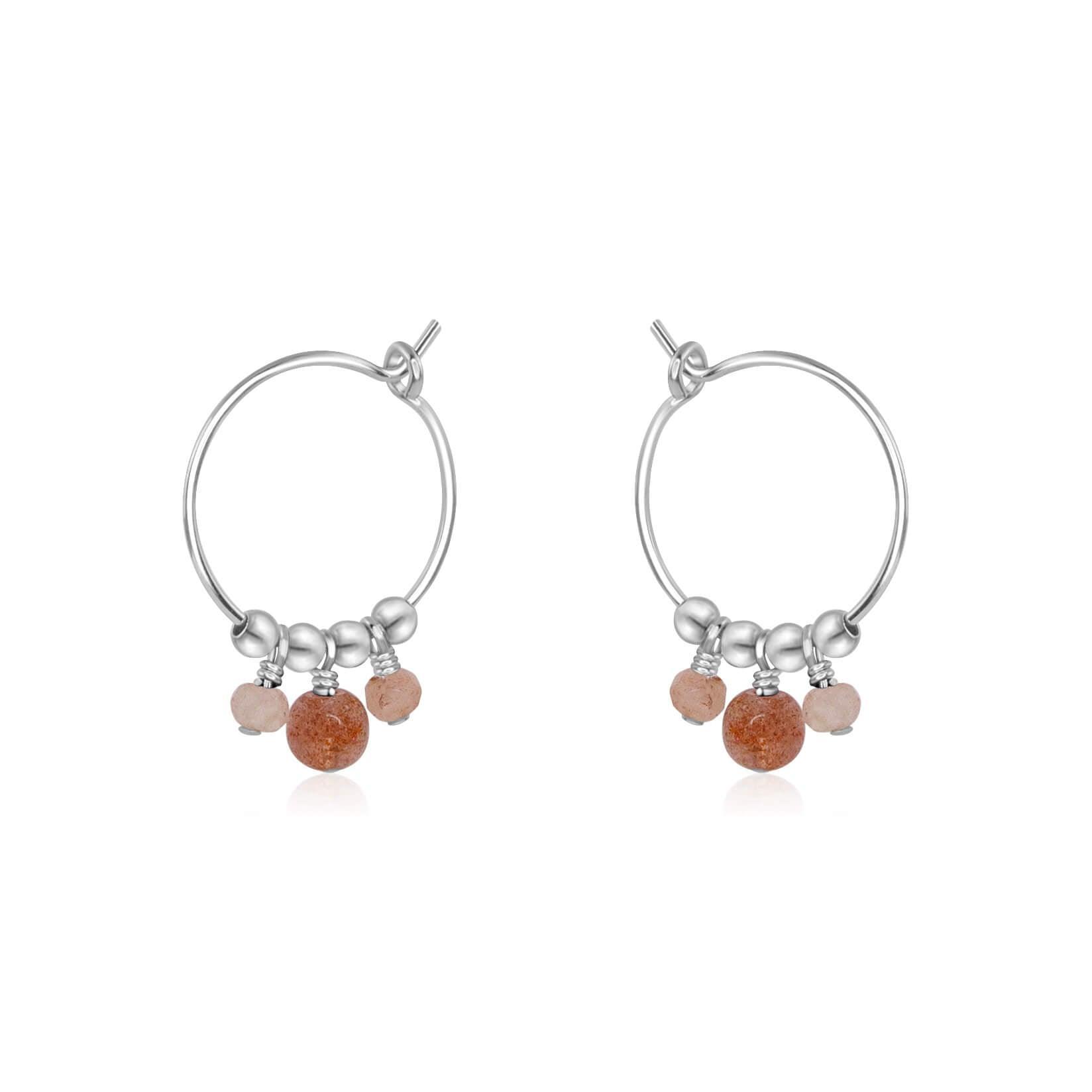 Orange Sunstone Gemstone Bead Drop Hoop Earrings - Orange Sunstone Gemstone Bead Drop Hoop Earrings - Sterling Silver - Luna Tide Handmade Crystal Jewellery